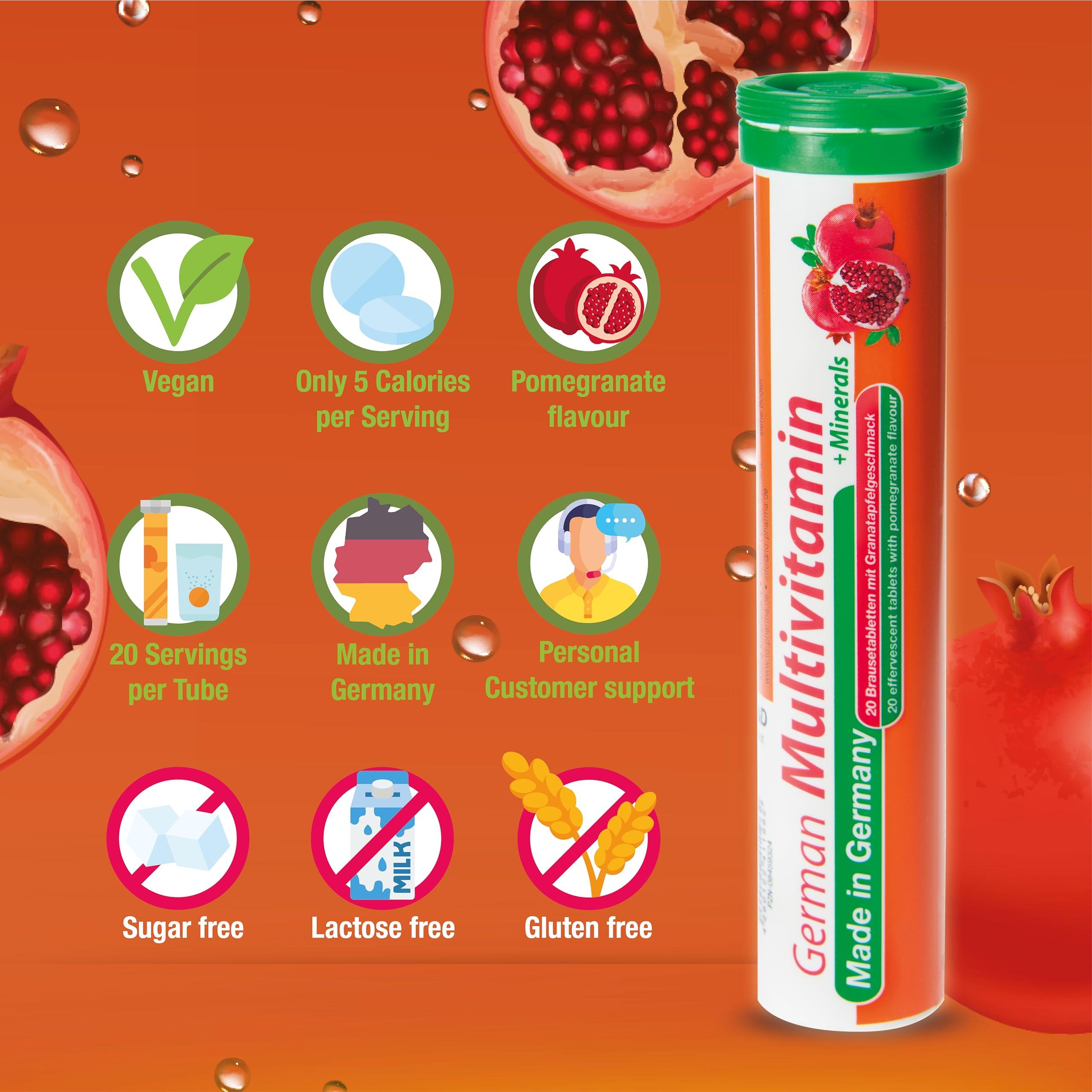 T&D T&D German Multvitamin + Minerals 10 Vitamins 2 Minerals - 40 Vegan Drink Effervescent Tablets - Pomegranate Flavor - Made in Germany