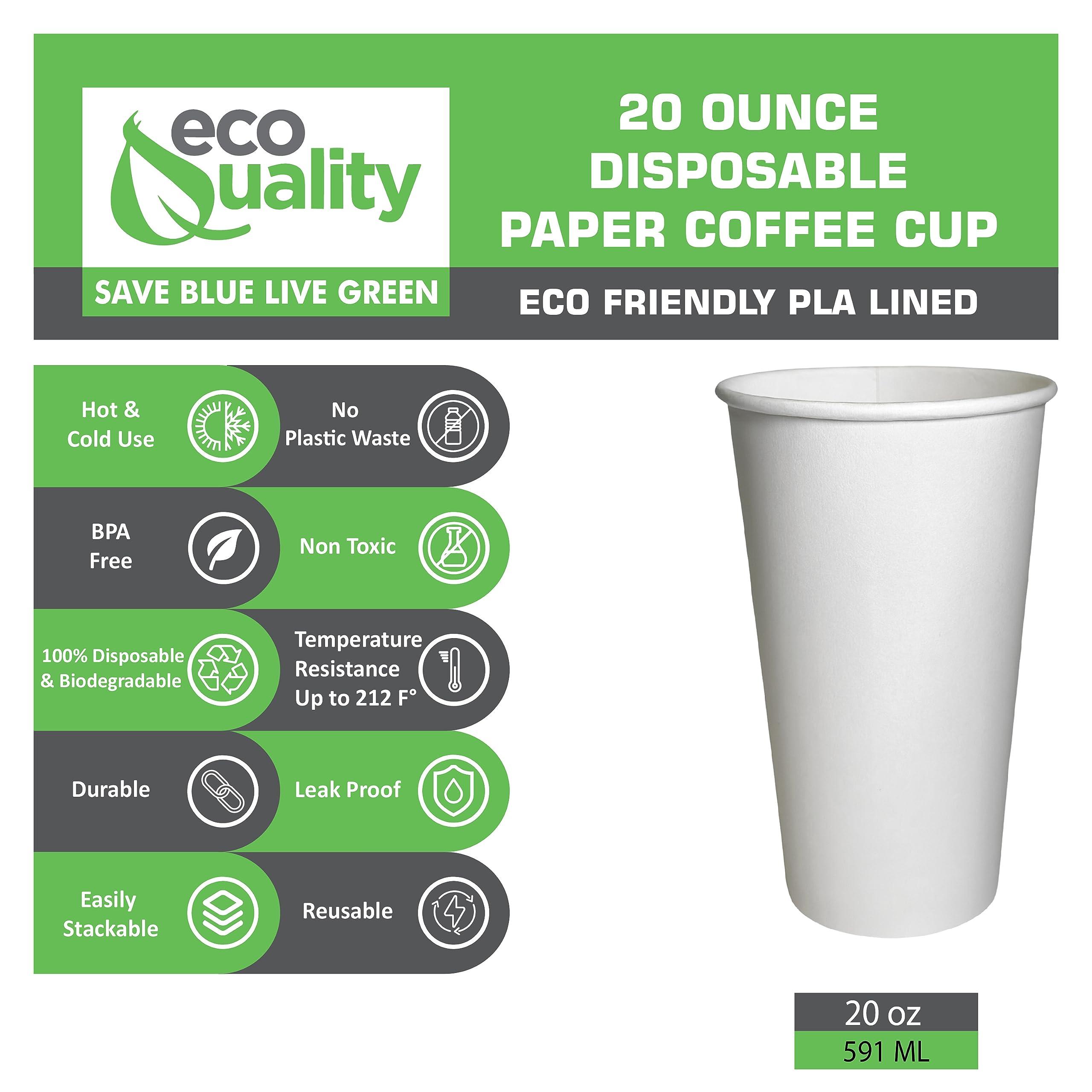 EcoQuality 20oz White Paper Coffee Cups Extra Large - Disposable Paper Coffee Cups - Hot Drink, Tea, Coffee, Cappuccino, Hot Chocolate, Chai, Chai Latte, Office, Travel, Recyclable - 20 Ounce Cups (500)
