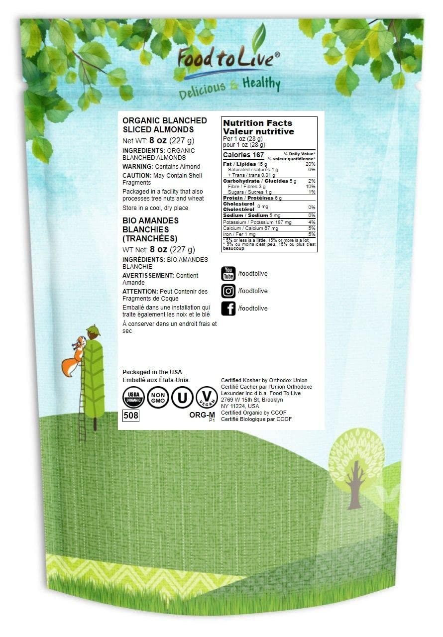 Food to Live Food to Live - Organic Blanched Sliced Almonds, 8 Ounces  Non-GMO, Raw, Unpasteurized, Unsalted, Vegan, Keto, Paleo, Kosher, Bulk, High in Protein
