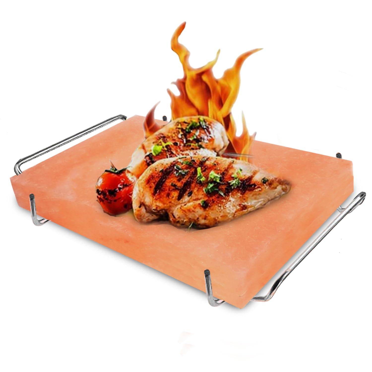 ZKTRADING ZK Himalayan Salt Block with Steel Tray for Grilling- Cooking, Cutting, and Serving, 12x8x1.5, Food Grade Rock Salt Plate, Salt Slab a Unique Gift for Men, Women, Chefs & Cooks