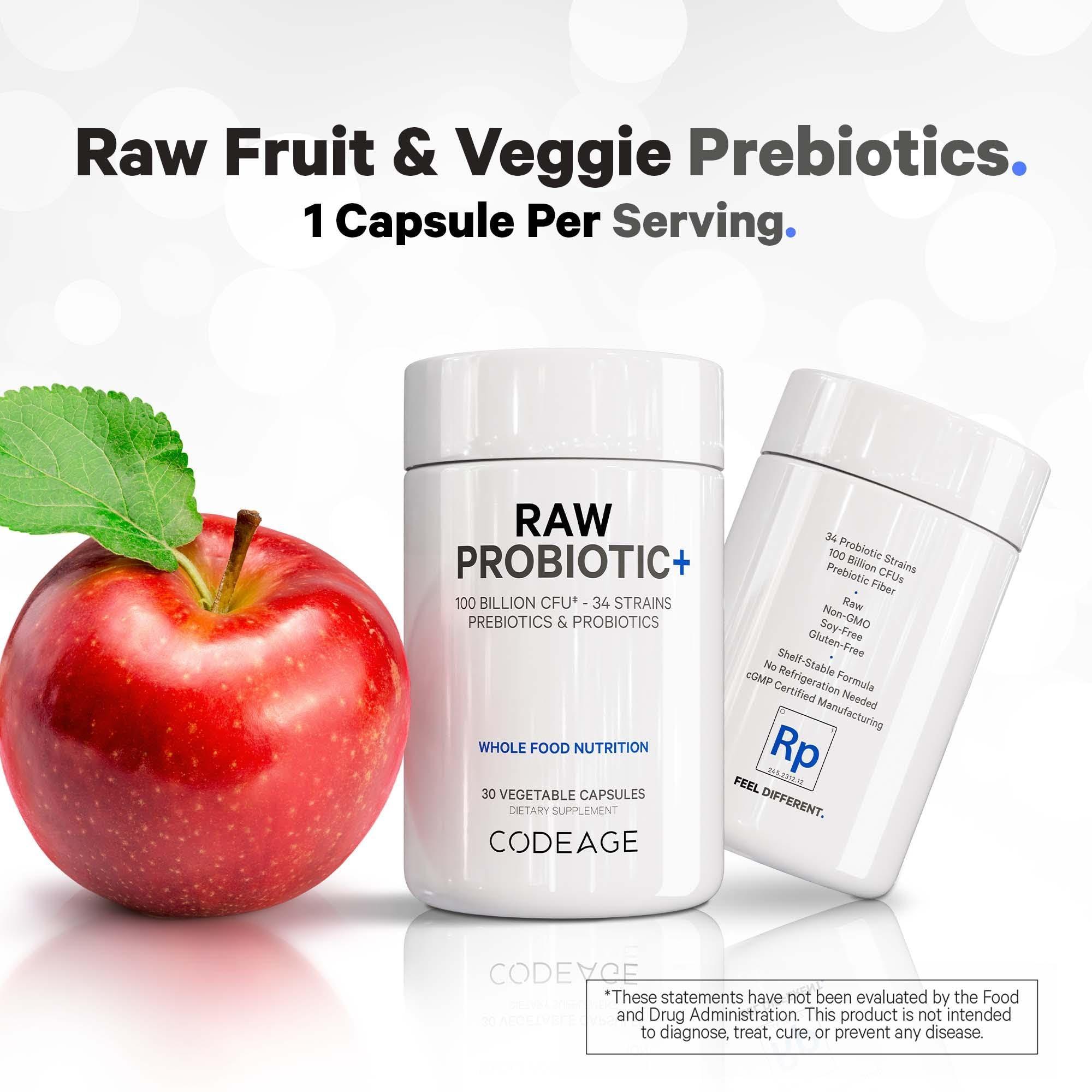 Codeage Codeage Raw Probiotic+ Supplement - 34 Probiotic Strains, 100 Billion CFUs, Raw Whole Food Probiotics, Digestive Enzymes, Raw Fruits & Veggies Prebiotics - Wild Kefir Culture - Non-GMO - 30 Capsules