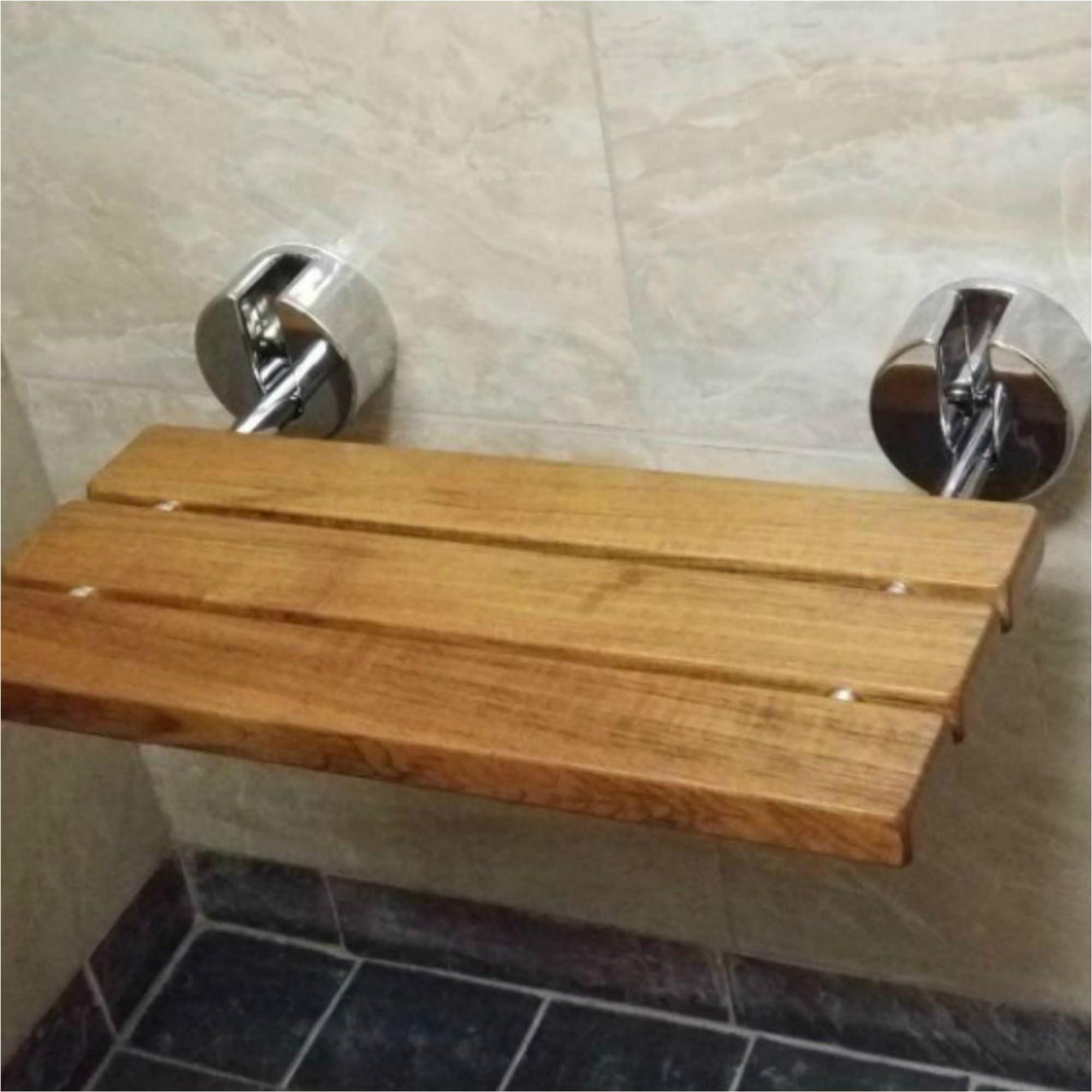 SNYUAN 20" Modern Solid Teak Wood Folding Shower Seat Bench Brushed Wall Mounted Shower Bench Bathtub Seat Fold Down Spa Bench