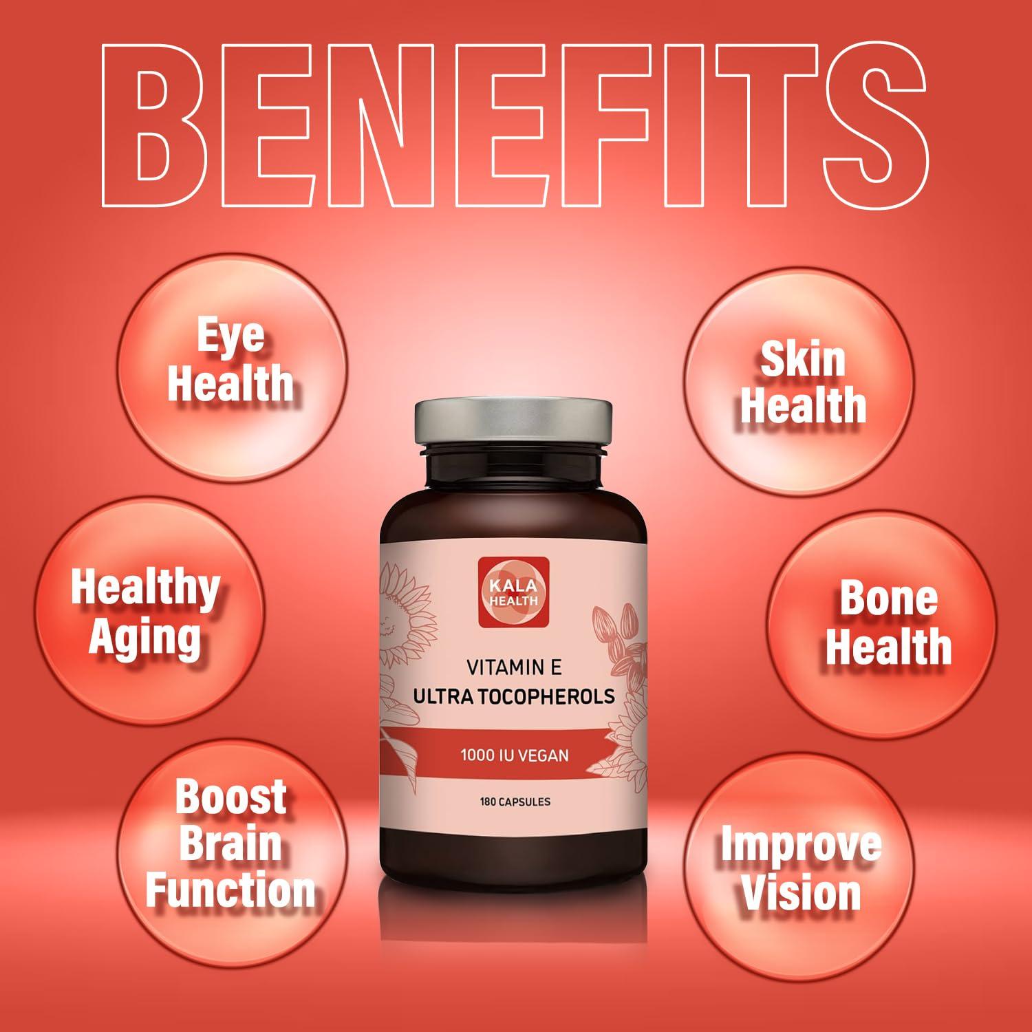 Kala Health Kala Health Vitamin E 1000 IU Ultra Tocopherol 450mg Vitamin E Vegan all 4 Tocopherols - Alpha Tocopherol + Beta Tocopherol + Gamma Tocopherol + Delta Tocopherol Unique d Alpha Tocopherol Vitamin E