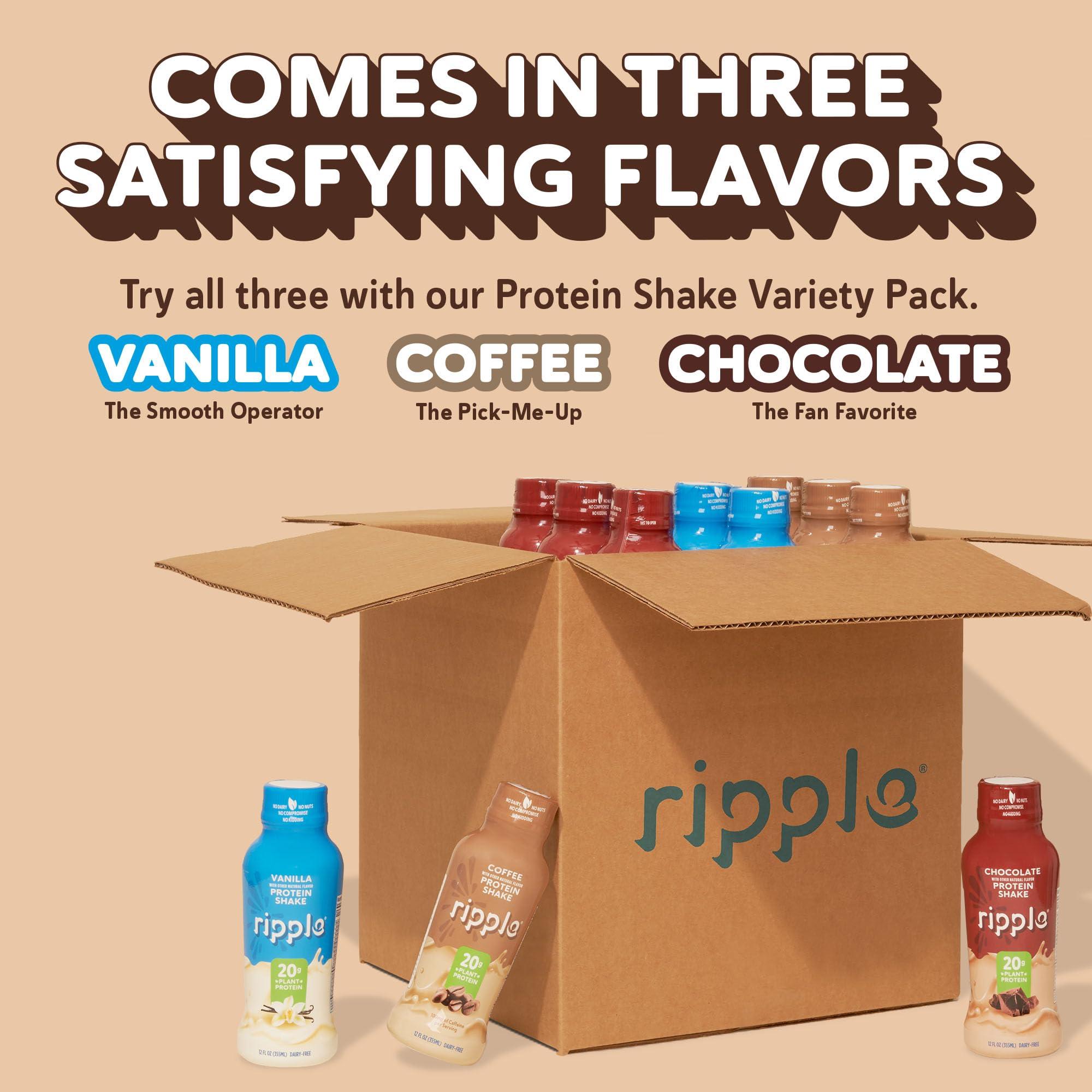 Ripple Ripple Vegan Protein Shake, Chocolate 12 Fl Oz (12 Pack) & Vanilla (12 Pack) & Coffee (12 Pack) | 36 Pack