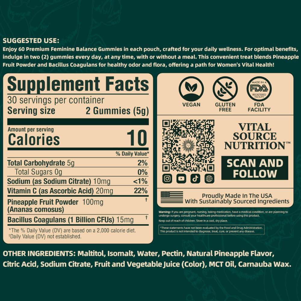 Vital Source Nutrition Vital Source Nutrition - Premium Feminine Balance Gummies - for Womens Health & Wellness - Immune Support - Vegan, Gluten-Free - Hawaiian Pineapple - 60 Gummies - 30 Servings