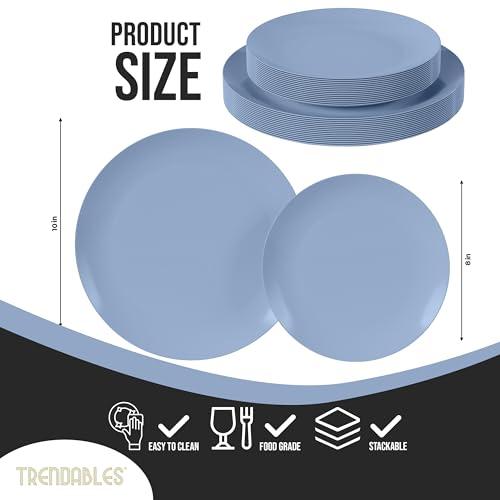 Trendables Plastic Dinnerware Set Plastic Plates 80 Piece Plastic Disposable Plates for Party Set - 40 Guests 40 X 8\" Dessert Plates & 40 X 10\" Plastic Plates Disposable Heavy Duty | Chambray Blue By Trendables