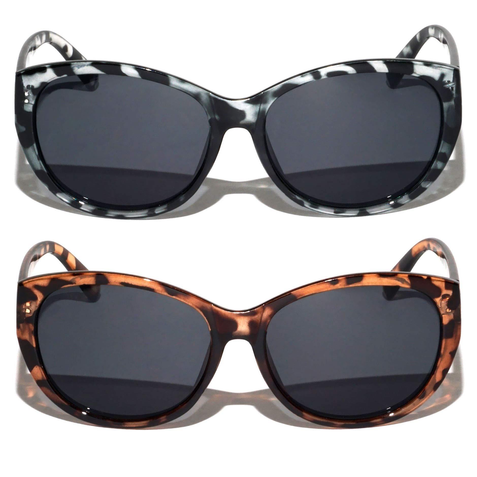 V.W.E. V.W.E. 2 Pairs Women Outdoor Reading Sunglasses Oversized Full Lens Readers Leopard (1 Grey 1 Brown, 1.00)