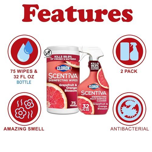 Scentiva Scentiva Clorox Disinfecting Multi-Surface Cleaner Spray 32 Ounce & Disinfecting Wipes-75 Count, Tahitian Grapefruit Splash Scent Bundle