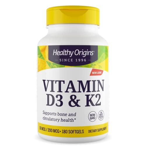 Healthy Origins Healthy Origins Vitamin D3 & K2 - Vitamin D3, 50 mcg - Vitamin K2, 200 mcg - Easily Absorbable Vitamin D & Vitamin K Supplements - Non-GMO & Gluten-Free Supplements - 60 Softgels