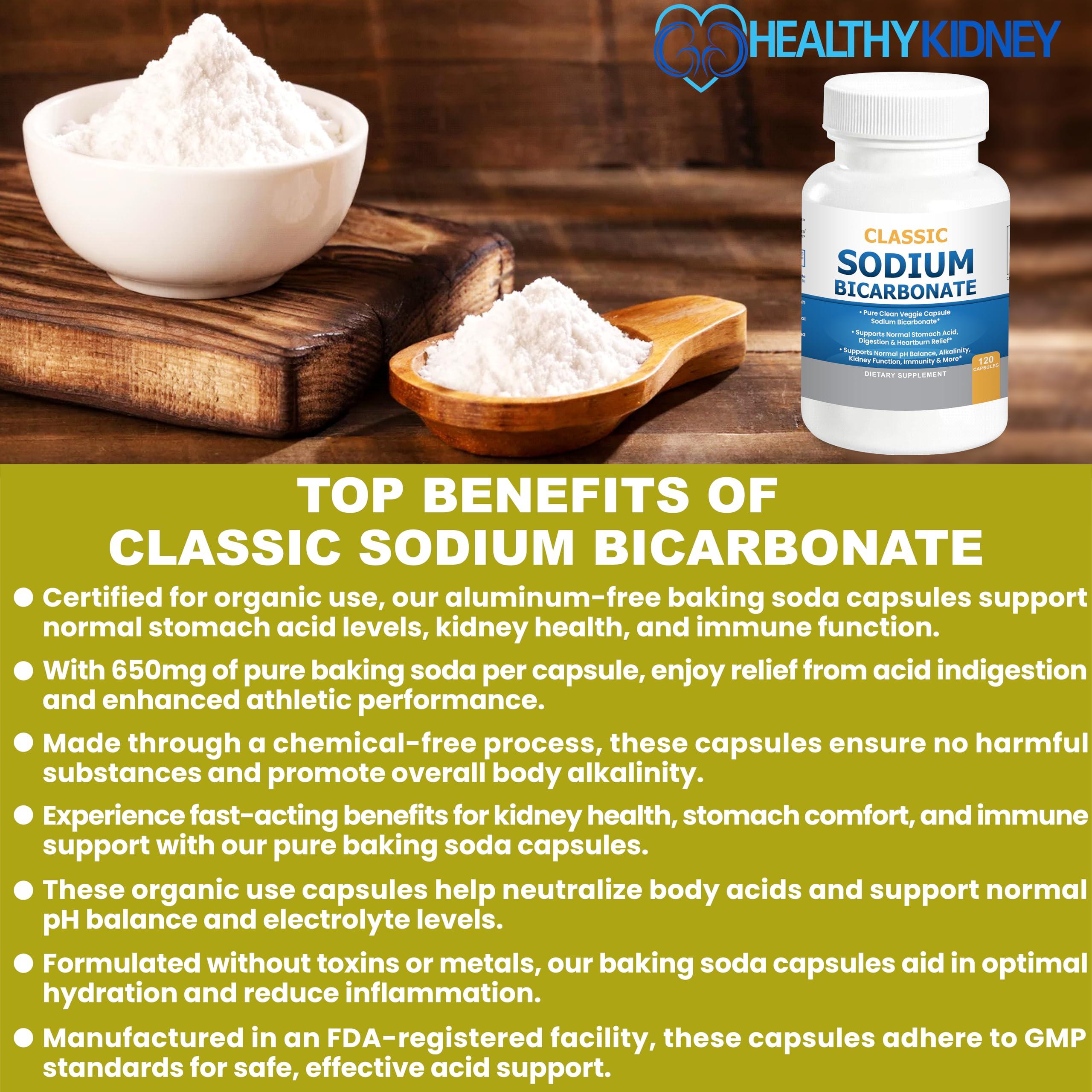 Kidney Restore Classic Sodium Bicarbonate 650mg Natural Organic Use Sodium Bicarbonate Powder Pills Sodium Bicarbonate Tablets (caps) Stomach Acid Alkalinity 120caps