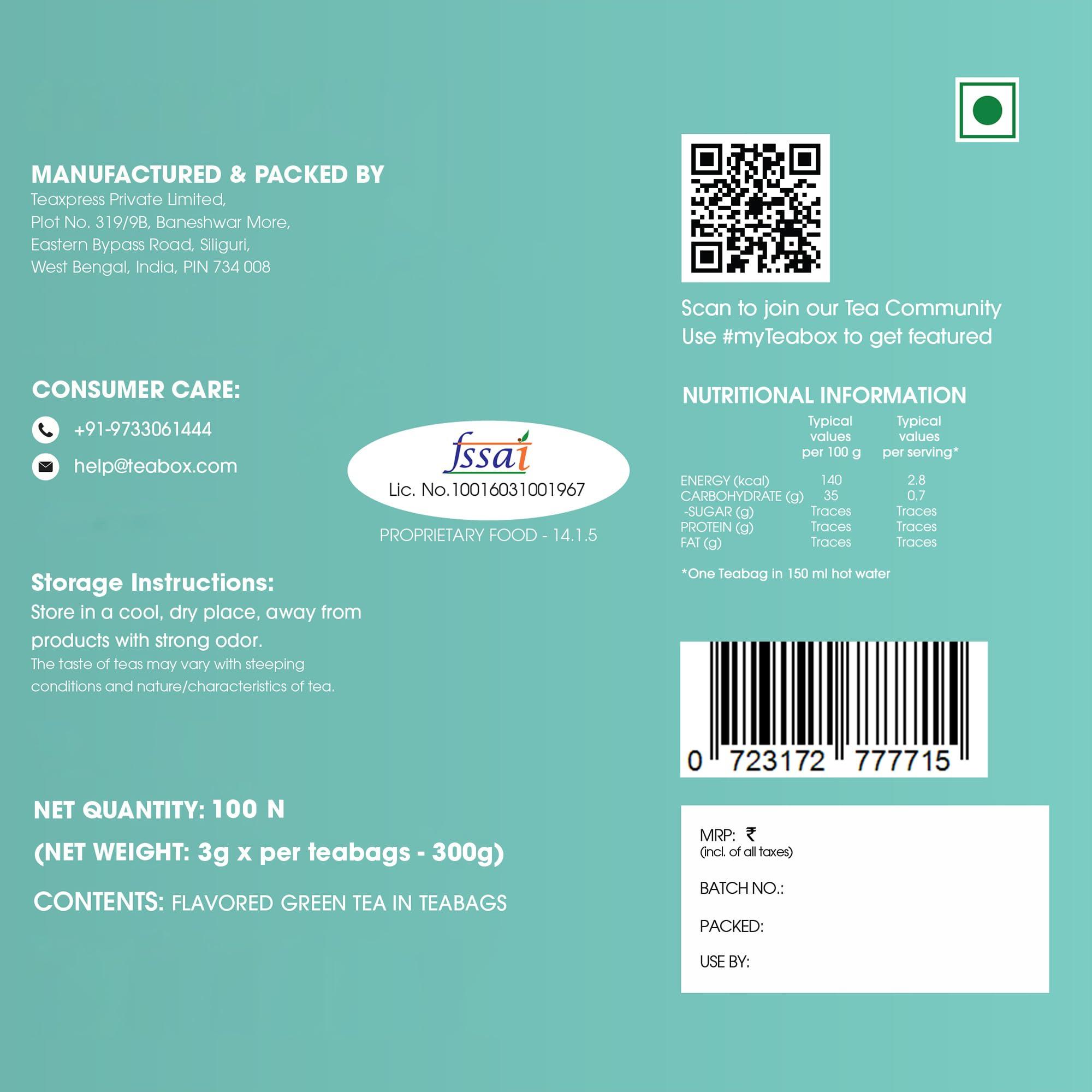 Teabox Teabox Detox Kahwa Green Tea Bags 100 pcs | For Natural Body Cleanse & Cold Relief | Made with 100% Indian Herbs & Spices