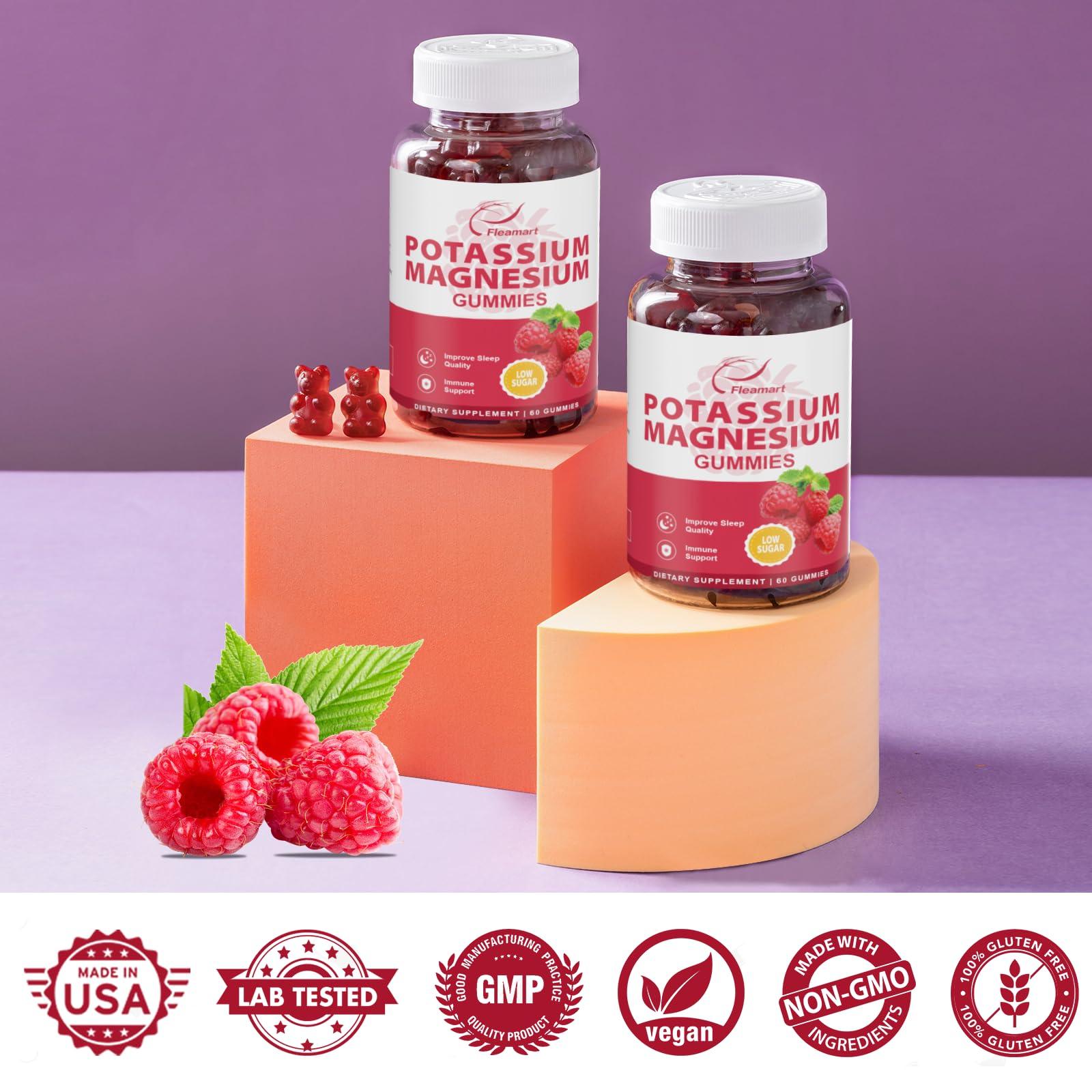 Fleamart Potassium Magnesium Gummies Potassium Citrate 99mg Magnesium Citrate 250mg Magnesium Potassium Complex Supplement, Immune Support, Leg Cramps Muscle Health, 60 Raspberry Gummies 2 Pack