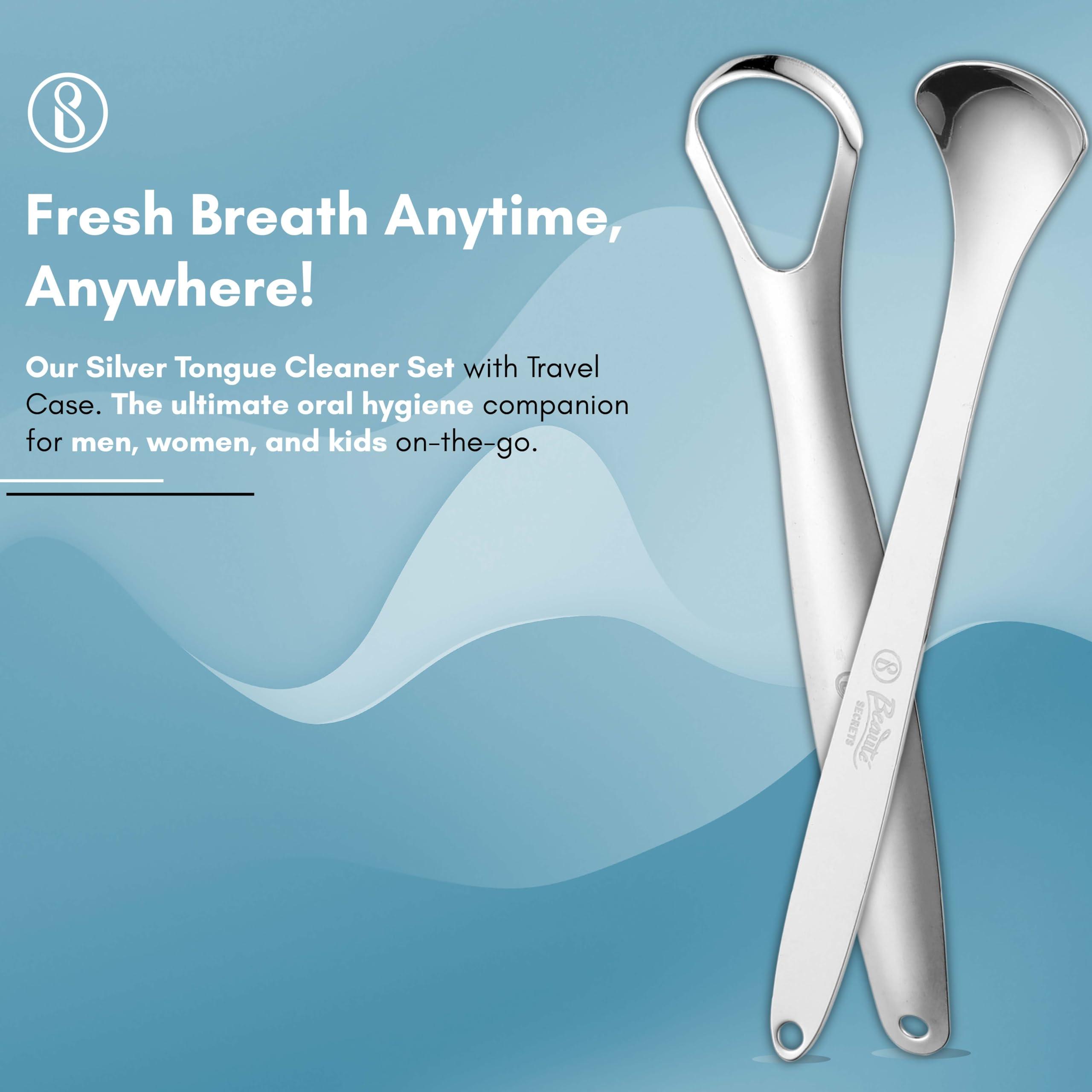 Beauté Secrets Beauté Secrets Tongue Cleaner Set With Travel Case for Men, Women and Kids, Silver