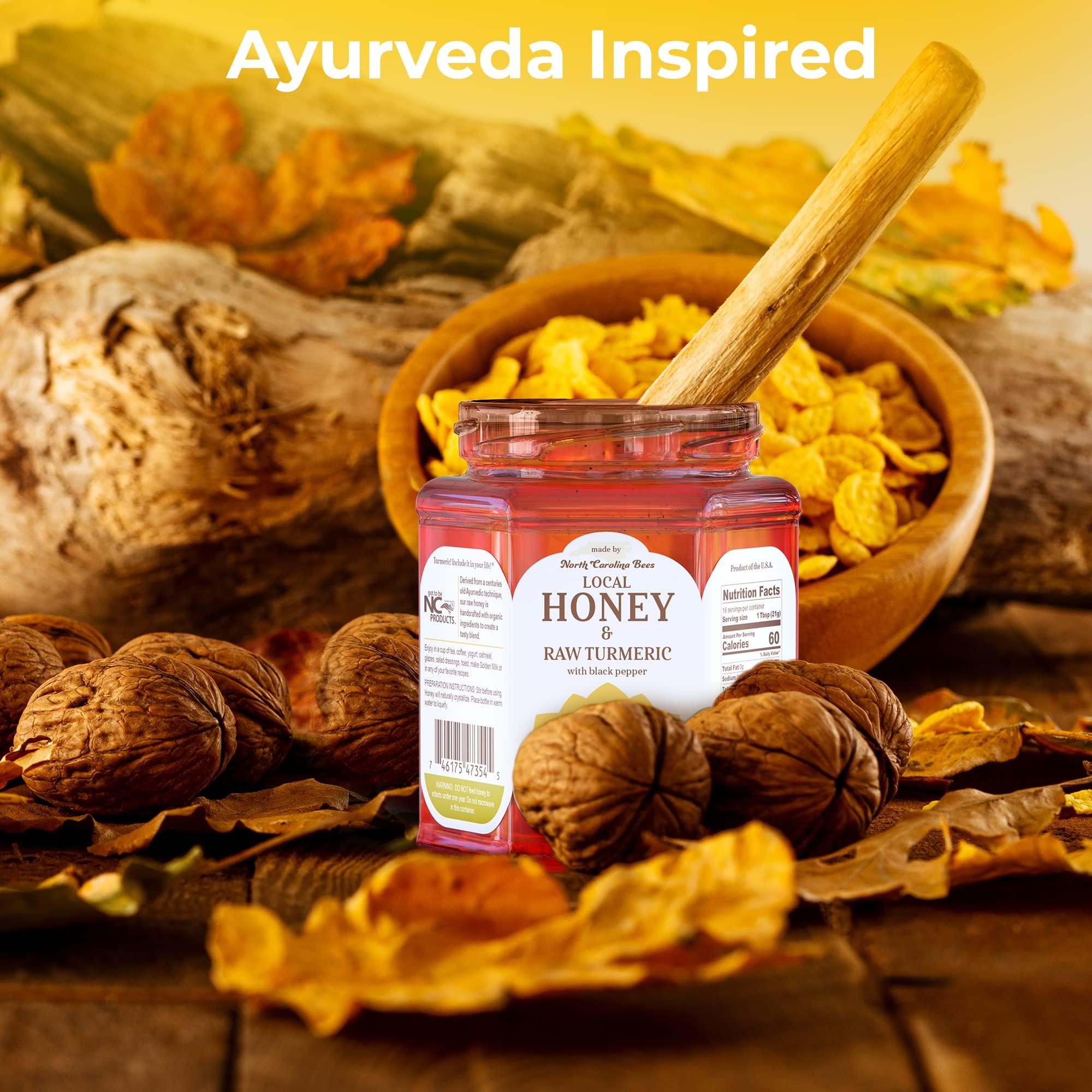 SUPER HONEY AYURVEDA INSPIRED SUPER HONEY North Carolina Honey with Turmeric, Ginger and Black Pepper, Ayurveda Inspired 100% Wildflower Pure Raw Honey, Unfiltered and Naturally Delicious - 12oz. Glass Jar