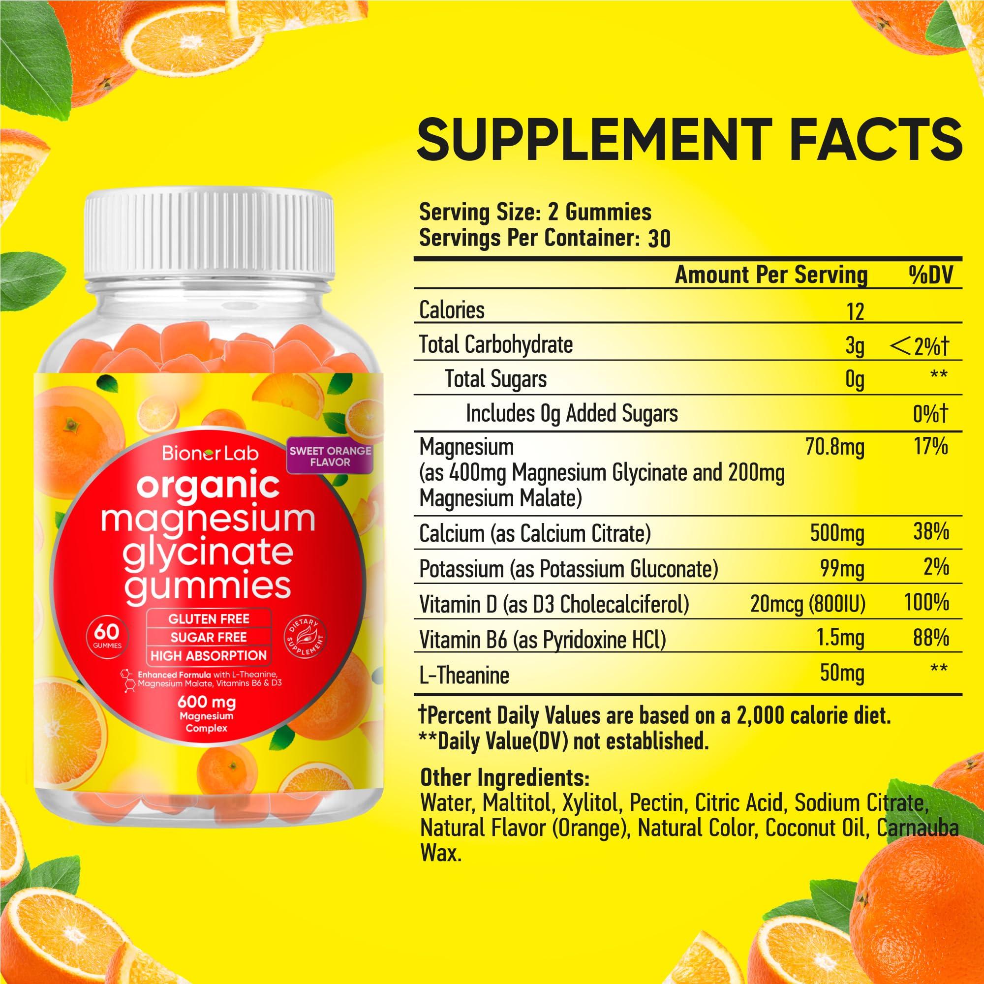 BionerLab BionerLab Magnesium Glycinate Chewable Gummies (600mg) for Kids & Adults Women Men - Vegan Complex with Calcium Potassium Vitamin D B6 L-Theanine - Sugar & Gluten Free - Orange Flavor