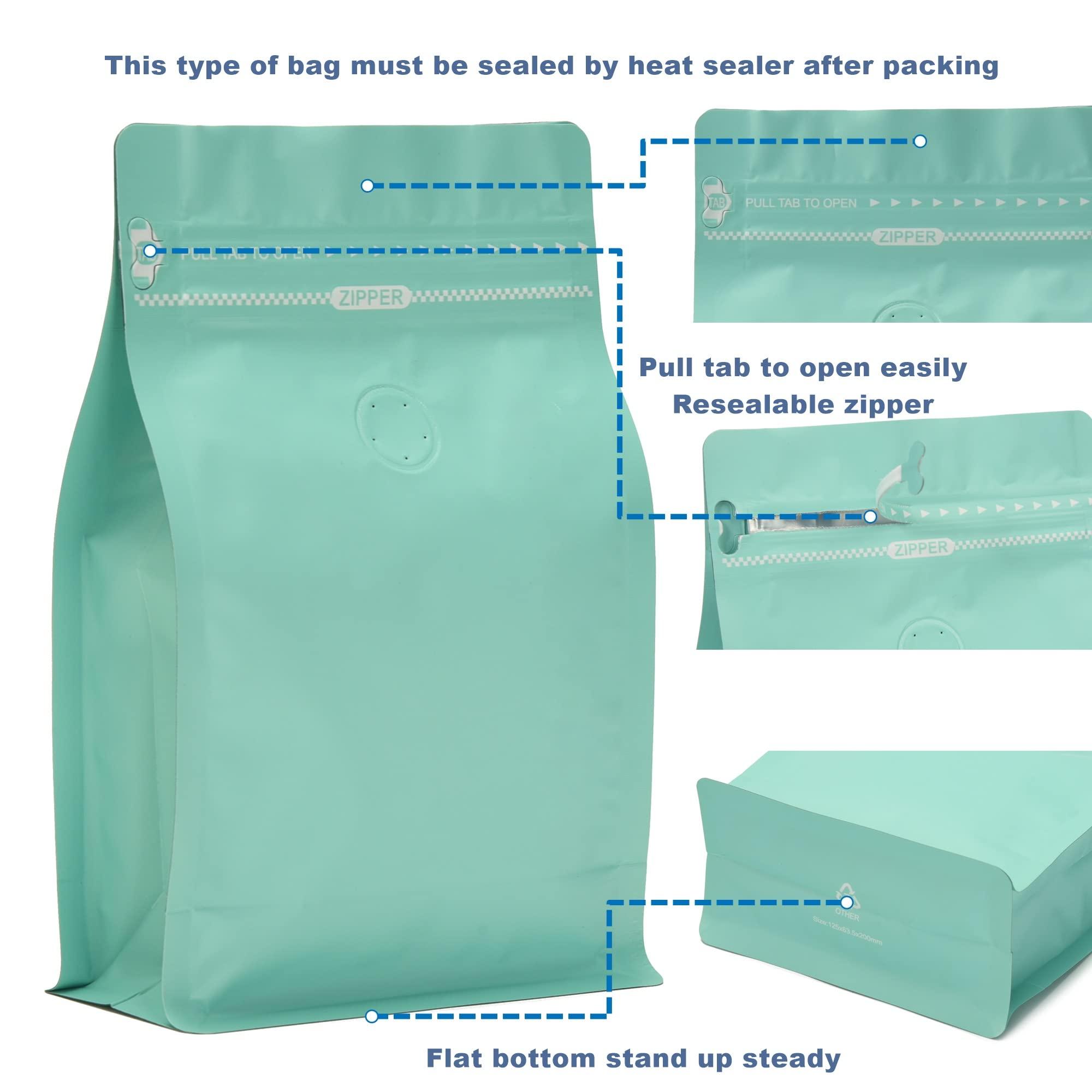 EverPack High Barrier Foil Coffee Bags with Degassing Valve, Resealable Coffee Pouches with Air Release Valve, Flat Bottom & Pull Tab Zipper, Matt Green Blue (50, 16oz/1lb/500gm)