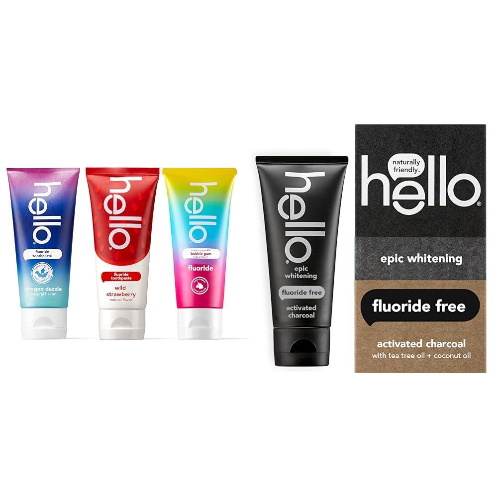 hello hello Variety (Unicorn, Strawberry, Dragon) Fluoride Kids Toothpaste, Anticavity, Natural Flavors & Activated Charcoal Epic Whitening Fluoride Free Toothpaste, Fresh Mint + Coconut Oil