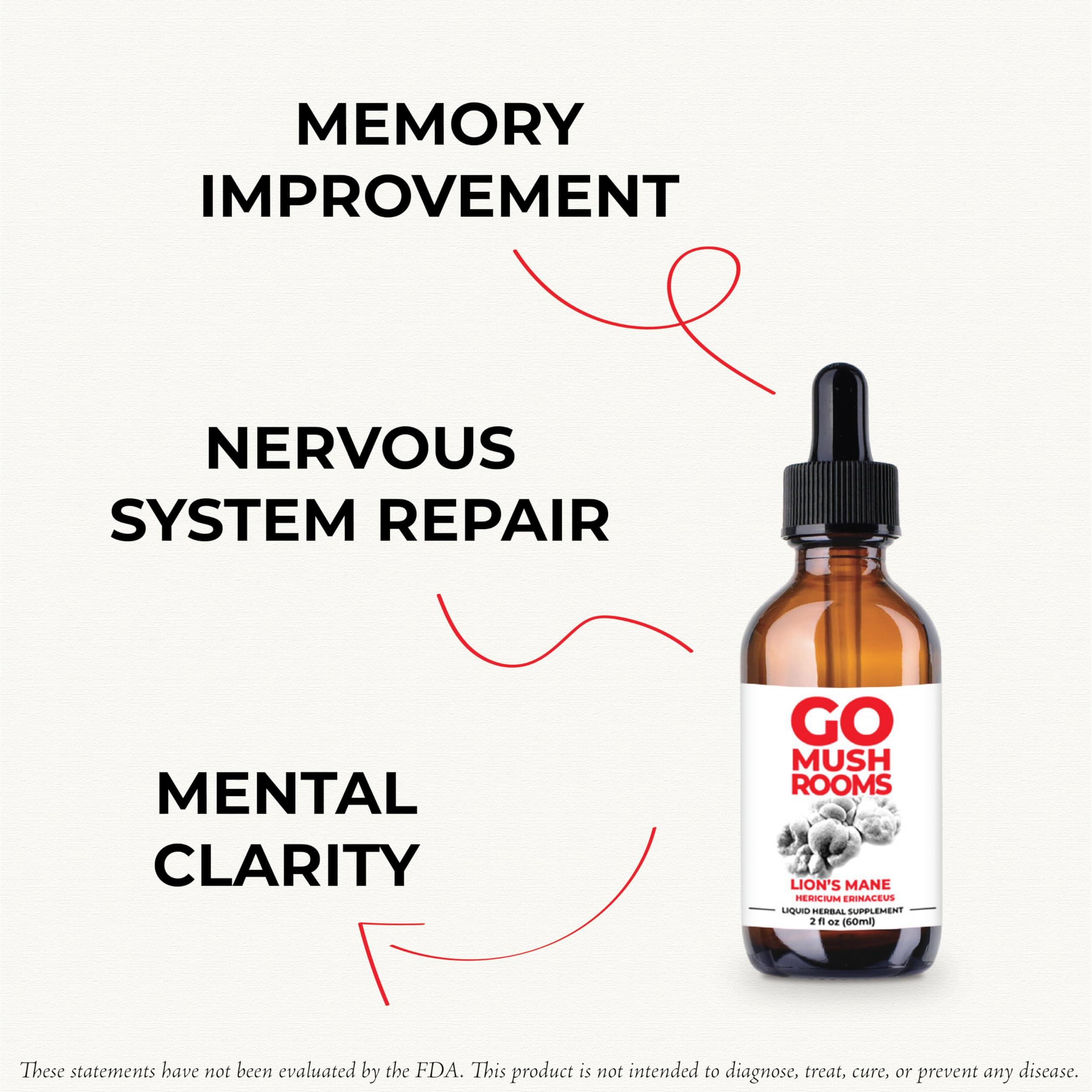 GO Mushrooms GO Mushrooms LionS Mane Tincture - Dual Extracted Fruiting Body Mushroom Supplement for Focus & Memory - Lions Mane Immune & Nervous System Support - 2 fl oz (60 Servings)*