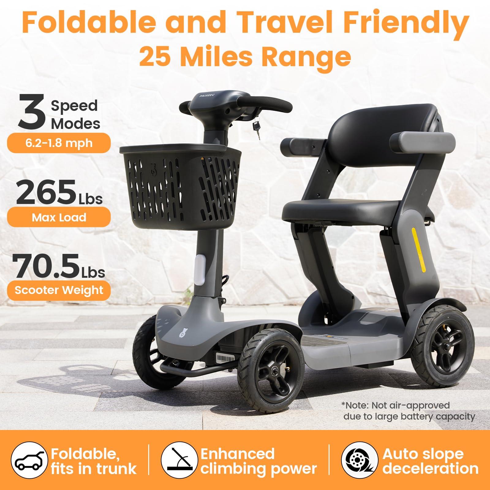 PAISEEC Paiseec S3 Foldable Mobility Scooter for Adults, Seniors - 25 Miles Range, 6 mph, Lightweight Mobility Scooter for Travel, Improved Safety, Large Wheels for Outdoor, LED Headlight, Basket