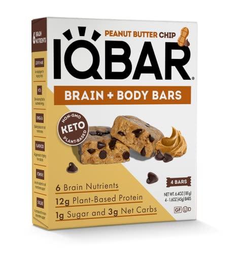 IQBAR IQBAR Brain and Body Keto Protein Bars - Peanut Butter Chip Keto Bars - 4 Count Energy Bars - Low Carb Protein Bars - High Fiber Vegan Bars and Low Sugar Meal Replacement Bars - Vegan Snack