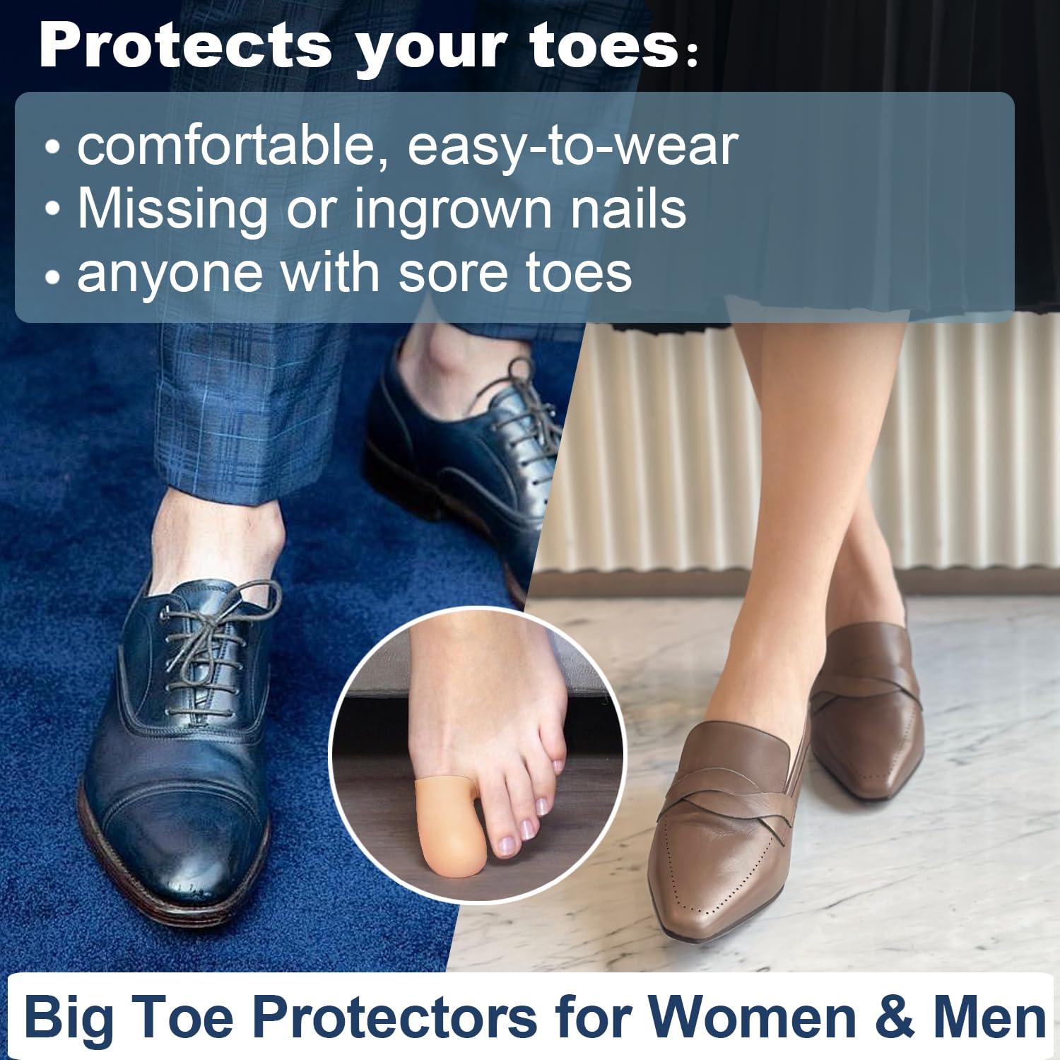 POQOD 4 Pack Gel Toe Cap and Protector for Big Toe - Cushions and Protects, Toe Covers for Women & Men, Provides Relief from Missing or Ingrown Toenails, Corns, Blisters, Hammer Toes (Large, Beige)