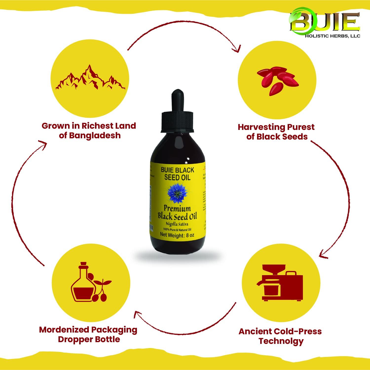 BUIE HOLISTIC HERBS BUIE Black Seed Oil | Black Cumin Seed Oil (Nigella Sativa Oil) | Un-Refined, Cold Pressed Extra Virgin Oil | with 4.5 to 6% Thymoquinone & Omega 3 6 9 | 8 FL Oz