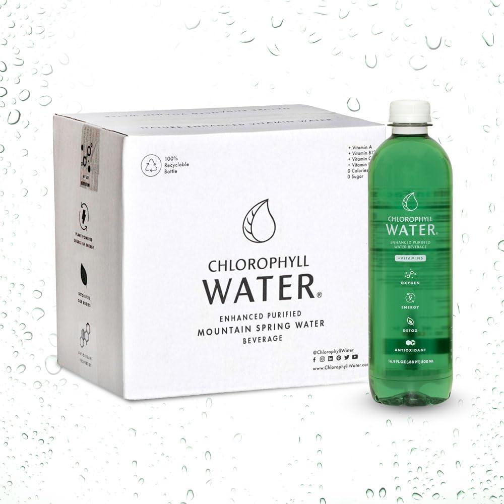 Chlorophyll Water Chlorophyll Water Purified Mountain Spring Water w/Liquid Chlorophyll & Vitamins A, B12, C, D | Plant Based | Antioxidants, Detox Water, Energy Boost, Immune Support 12pk