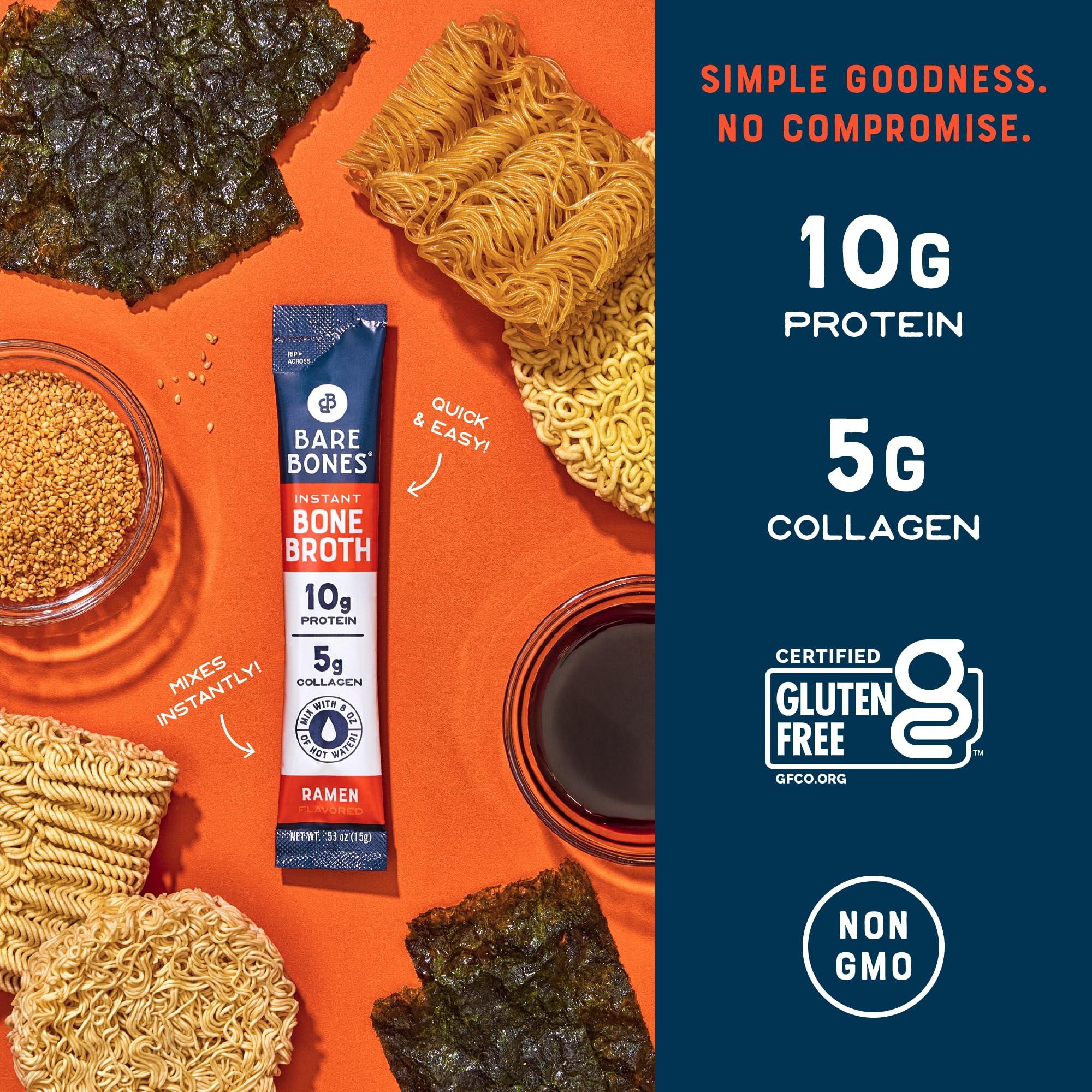 Bare Bones Bare Bones Bone Broth Instant Powdered Beverage Mix, Ramen, Pack of 8, 15g Sticks, 10g Protein, Keto & Paleo Friendly, Non-GMO, Gluten-Free, Dairy-Free