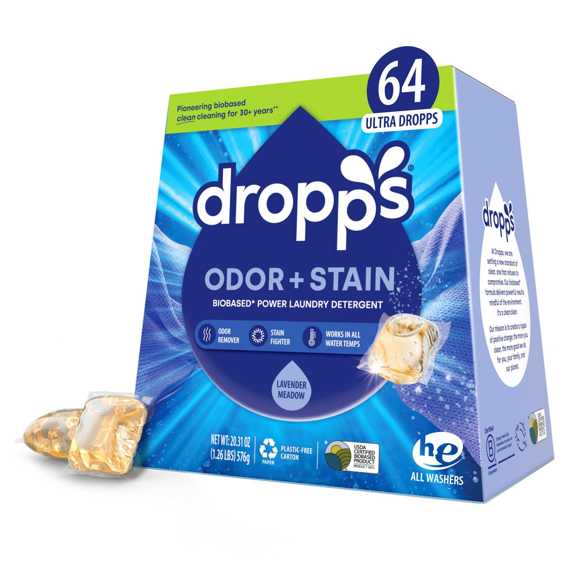 dropps Dropps Odor & Stain Biobased Power Laundry Detergent Pods, Lavender Meadow (64 Pods) - HE Compatible Laundry Pods for Fresh Clothes - Washing Detergent Soap Supplies & Recyclable Paperboard Packaging