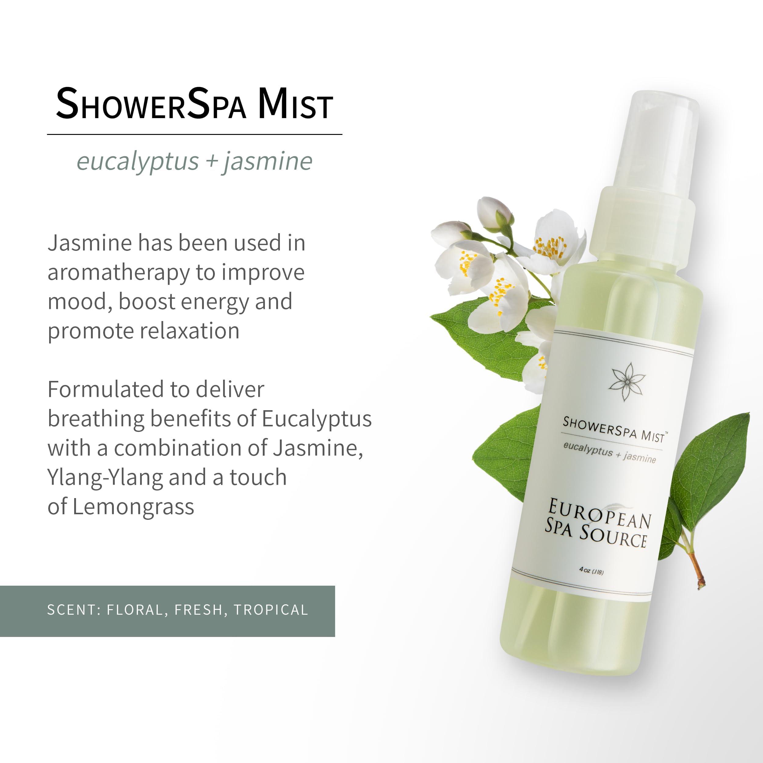 European Spa Source European Spa Source Jasmine + Eucalyptus Shower Spa Mist Spray for Aromatherapy, at Home Spa Experience, Sinus Congestion Relief, and Tension Relief, 4 fl oz.