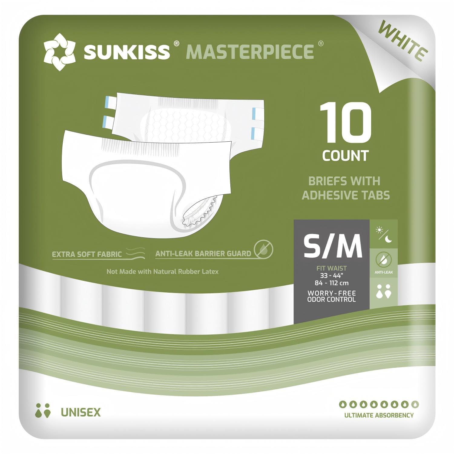 SUNKISS SUNKISS Masterpiece Adult Diapers with Tabs, Unisex Disposable Incontinence Briefs for Women and Men, Odor Control, White, Medium, 10 Count