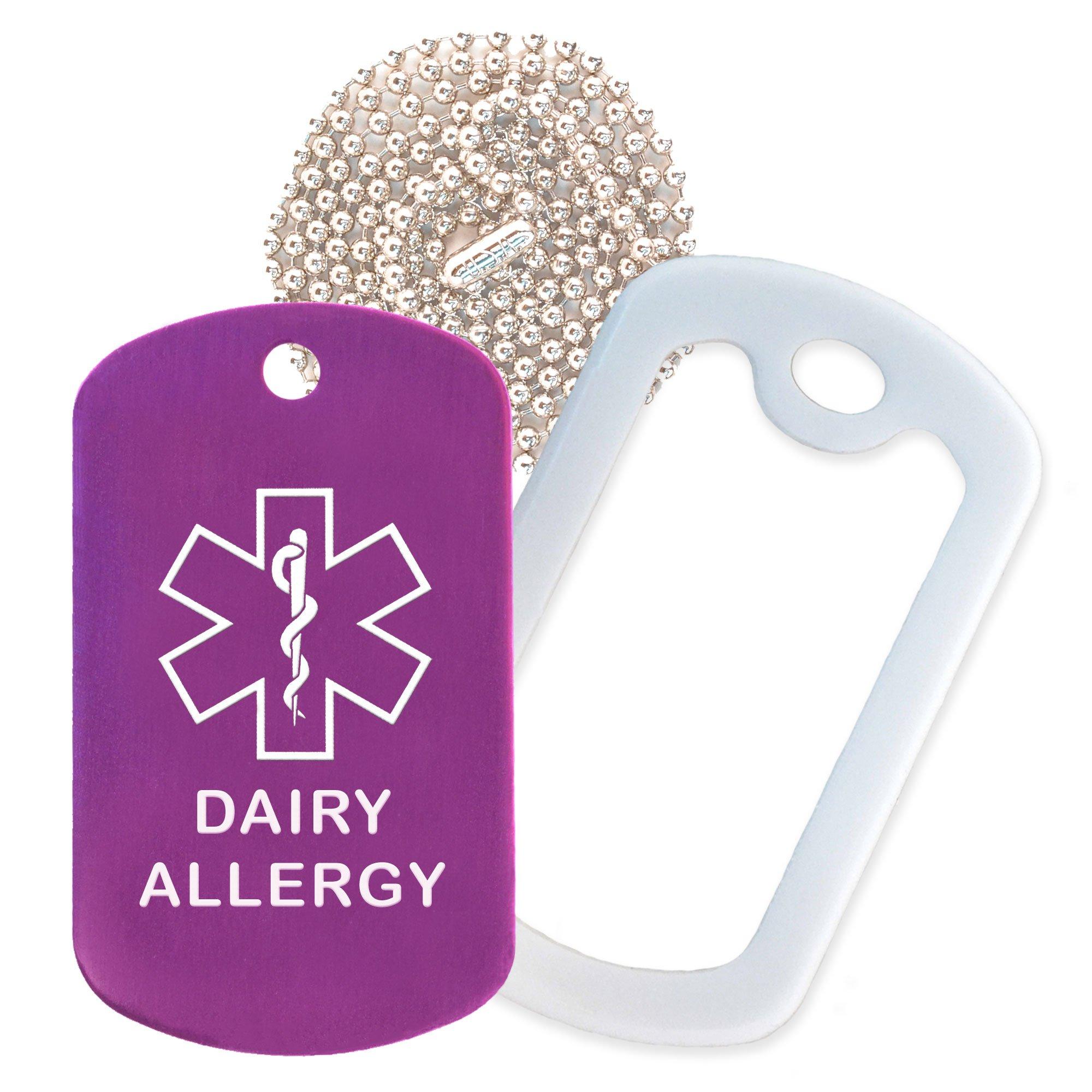 Goods For Giving Dairy Allergy Medical Alert ID Necklace with Purple Tag, White Silencer, and 30'' USA Chain - 154 Color Choices