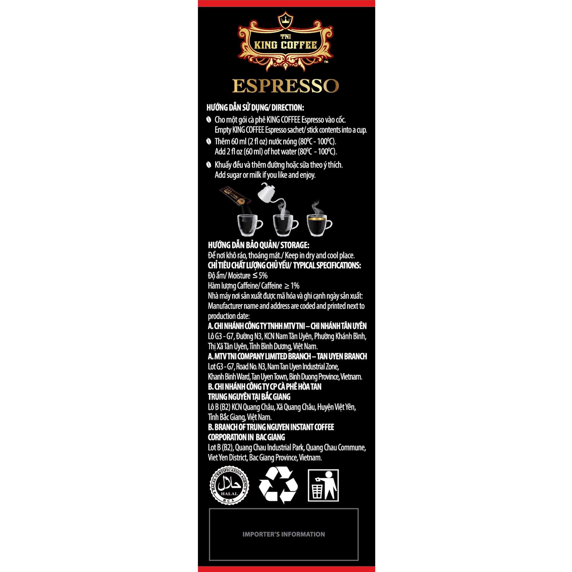 TNI King Coffee King Coffee Espresso Instant Coffee Vietnamese Coffee Arabica Instant Coffee Mix Medium Roast 15 sticks per box x 2.5g - Pack of 2