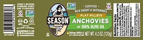 SEASON Season Anchovies in Olive Oil – Flat Anchovy Fillets, Wild Caught Fish, Keto Snacks, Canned Anchovies, Rich in B Vitamins, Low in Mercury, Kosher, Non-GMO, 600mg of Omega-3 – 4.2 Oz Glass Jar, 6-Pack