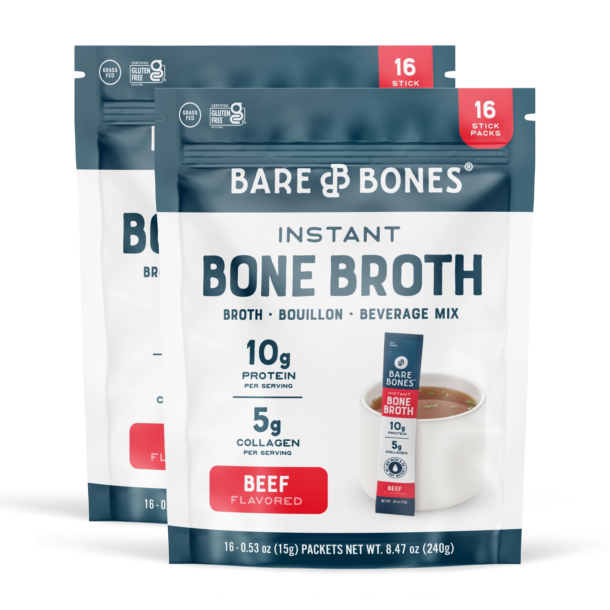 Bare Bones Bare Bones Beef Bone Broth Instant Powdered Mix | Rich Savory Packets on-the-Go No Artificial Flavors | 100% Grass Fed Keto & Paleo Friendly | Sticks 10g Protein | 32 Pack