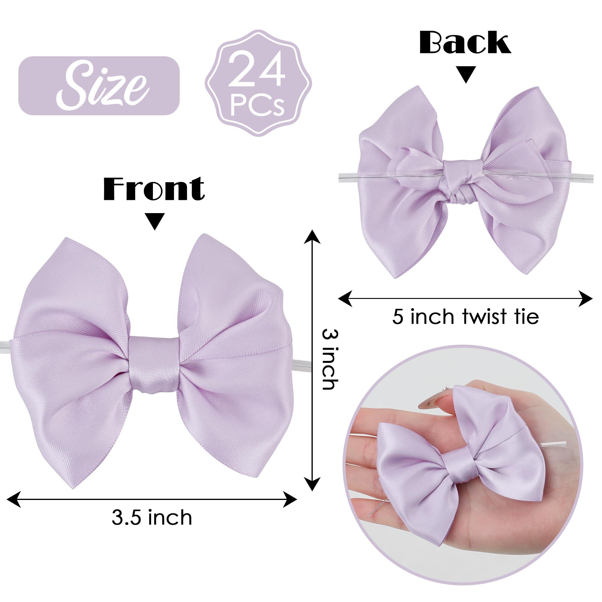 AIMUDI AIMUDI Lilac Satin Ribbon Twist Tie Bows for Treat Bags 3.5\" Light Purple Bows for Crafts Small Bows for Gift Wrapping Premade Bows for Cake Pop Candy Apples Gift Bags Wedding Baby Shower -24 Counts