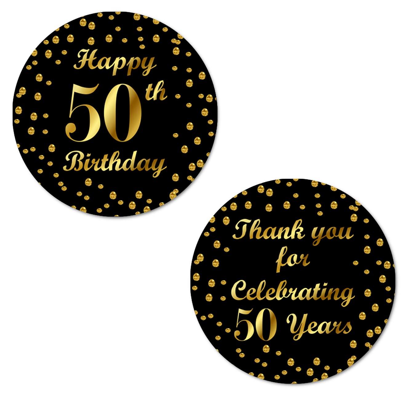 RokAPary 50th Birthday Round 2 Inch Big Glossy Stickers, Thank You for Celebrating 50 Years Black and Gold Labels, Great for Party Favors, Decorations, Tags, Gift Bags and Supplies. Made in USA