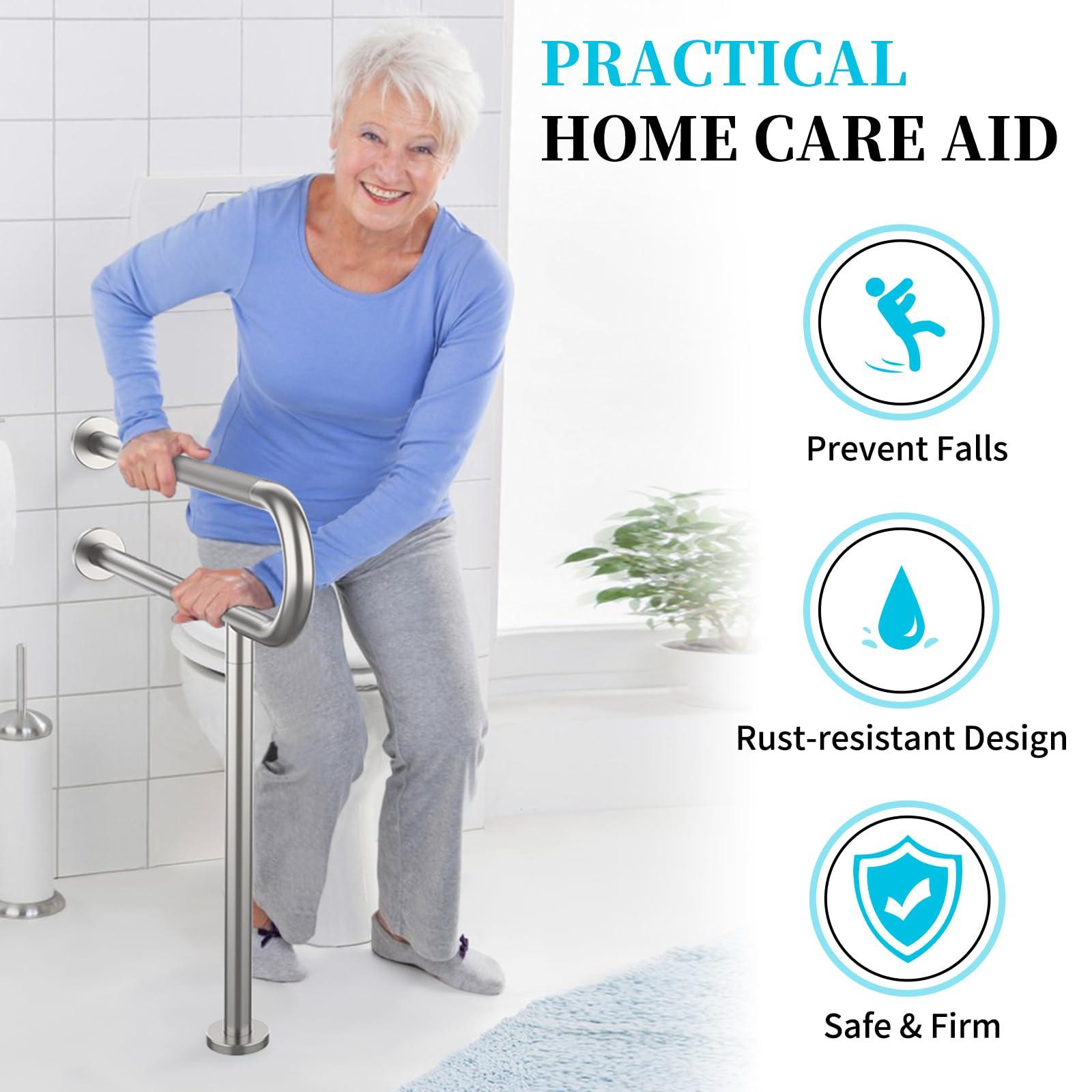 Munzong Toilet Support Rail 31.3X 31.5 Inch, Munzong Anti-Slip Satin Brushed Nickel Handicap Grab Bar for Bathroom, Stainless Steel Knurled Safety handrails with Leg for Elderly Disabled Pregnant-1.25Tube