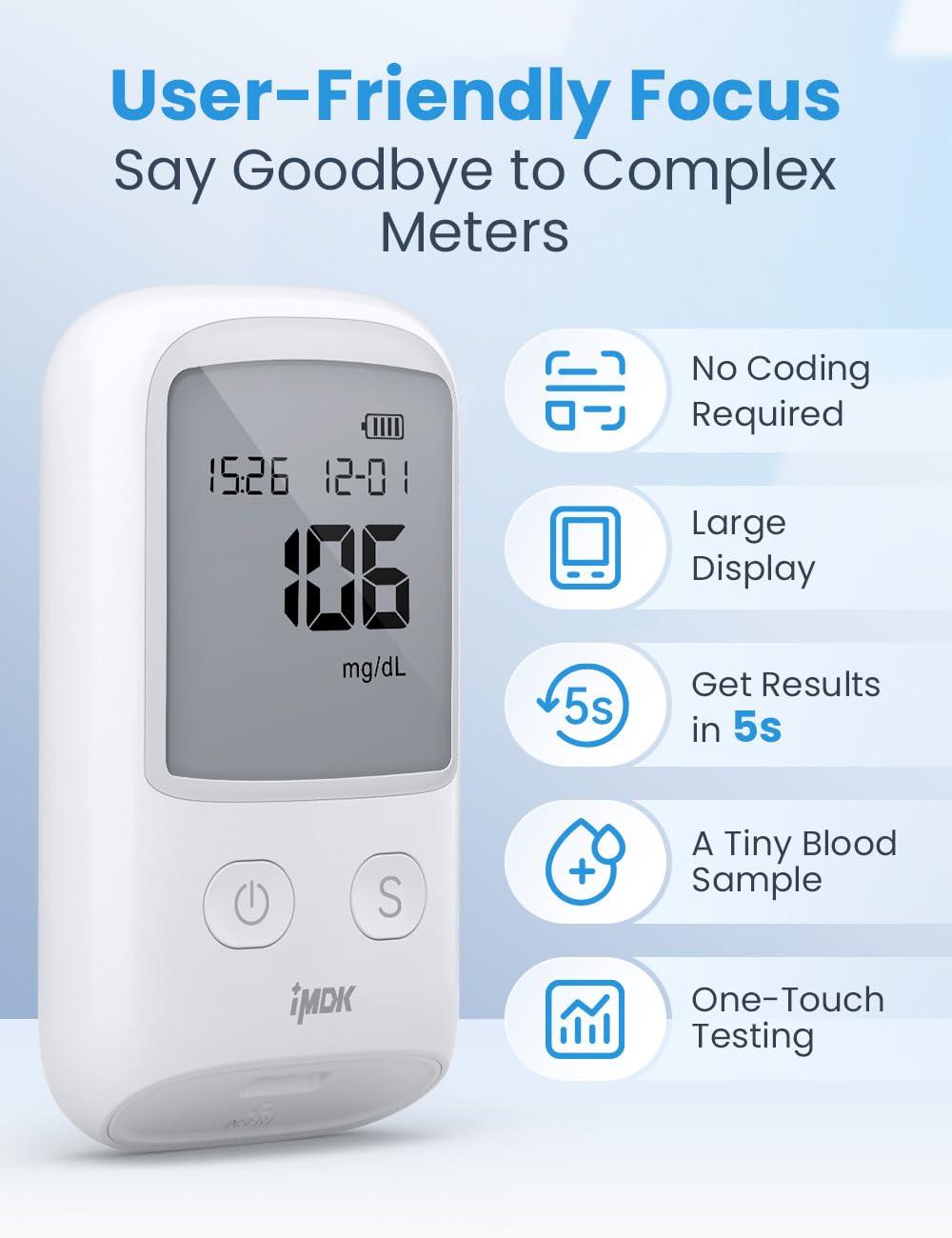 FoviFlxy IMDK Blood Glucose Monitor Kit, Blood Sugar Test Kit with 100 Glucometer Strips, 100 Lancets and 1 Lancing Devices, No Coding Required & FSA/HSA Eligible