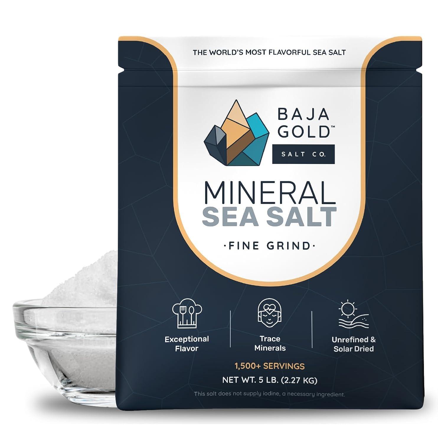 Baja Gold Baja Gold Mineral Sea Salt - Pure & Organic Authentic Salt for Cooking & Baking | Fine Grind Sea Salt - Low Sodium | Natural Baja Salt - Ideal for All Culinary Uses | 5 lb. Resealable Bag, 300+ Servings