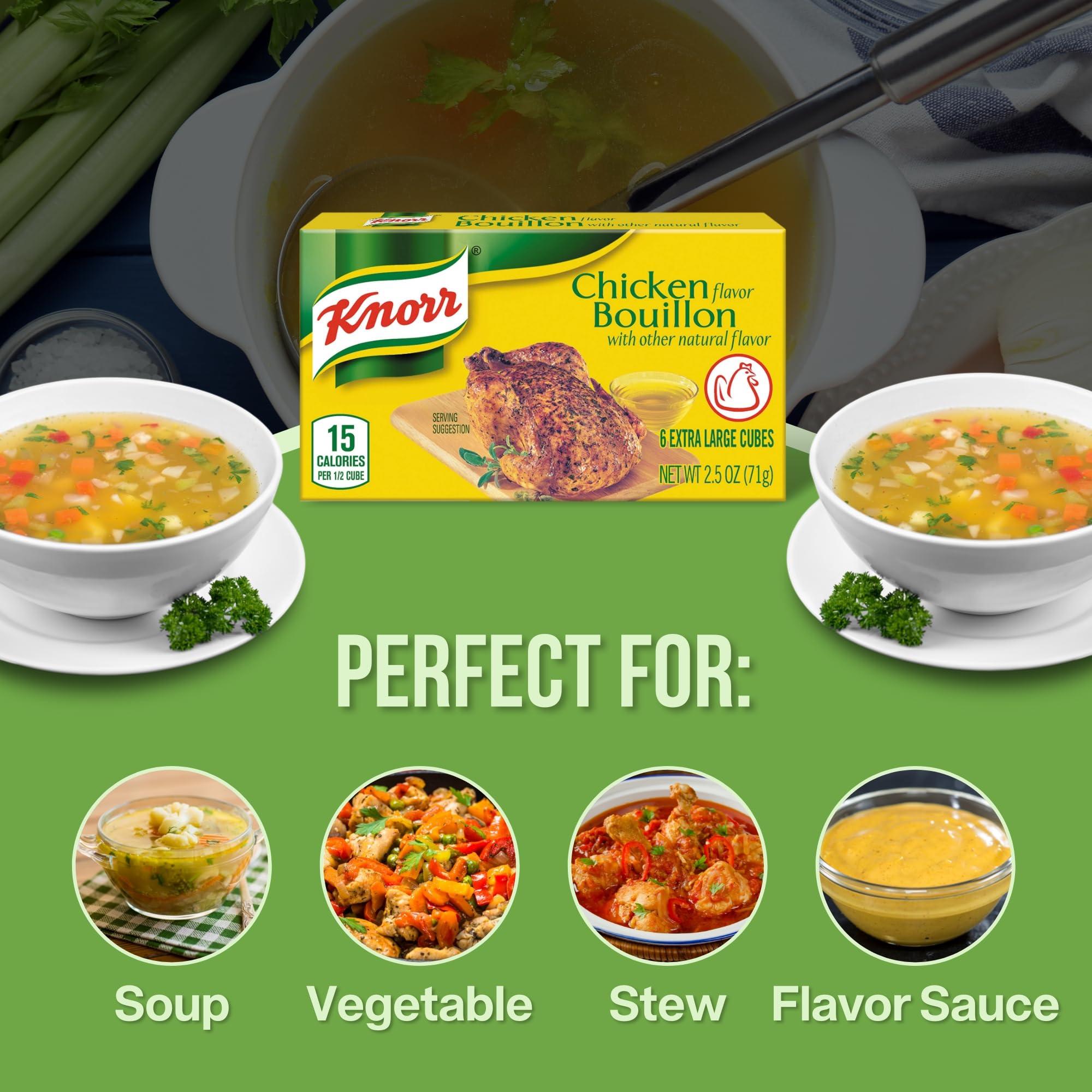 GOOD FOR MY HOME Chicken Bouillon Cubes Bundle. Includes One-2.5 Oz Box of Knorr Chicken Bouillon Cubes in a Good For My Home Box. 6 Extra Large Chicken Bouillon Cubes in a Box! Bouillon Cube is Only 30 Calories!