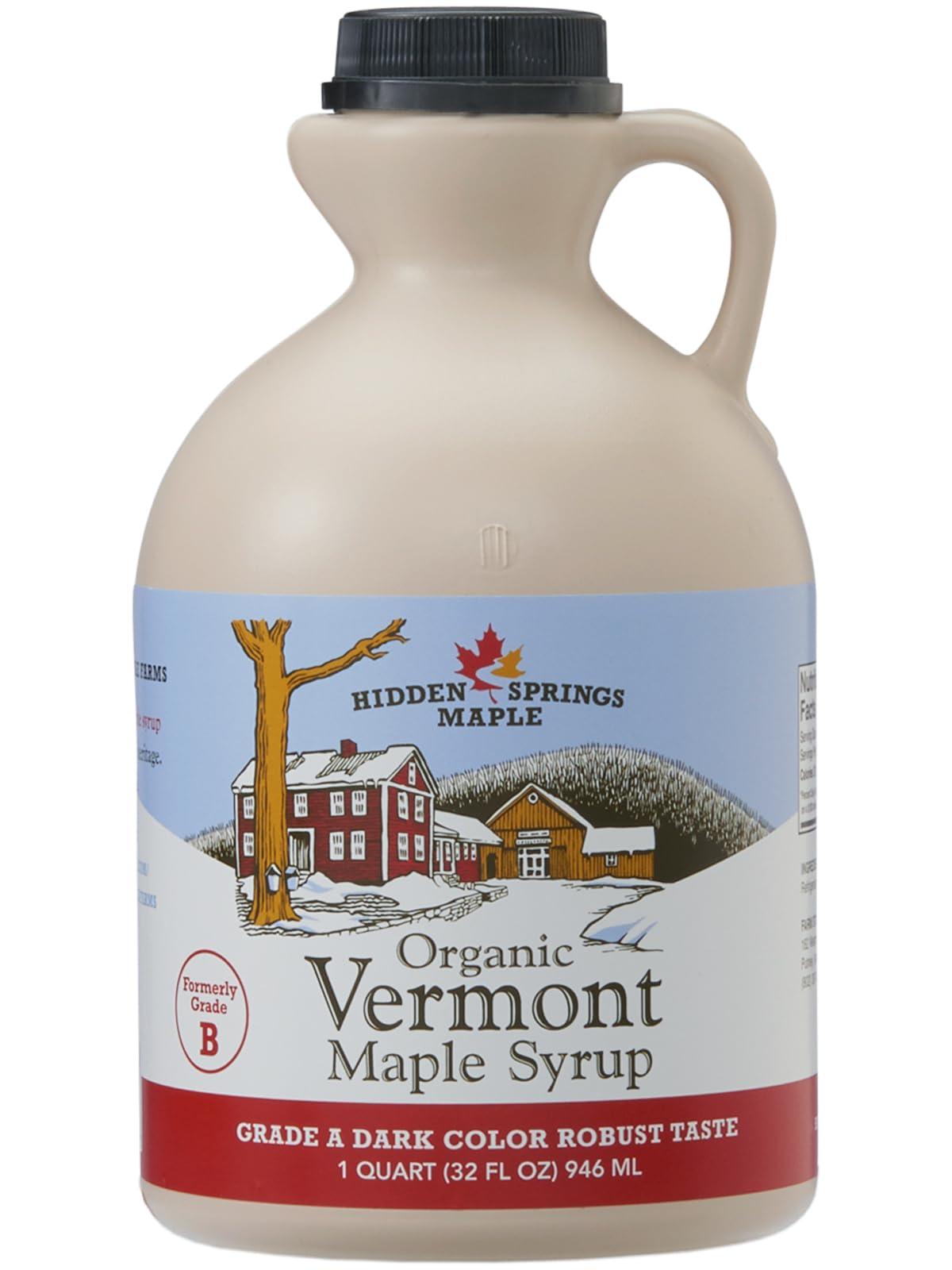 HIDDEN SPRINGS MAPLE Hidden Springs Maple Organic Vermont Maple Syrup, Grade A Dark Robust (Formerly Grade B), 32 Ounce, 1 Quart, Family Farms, BPA-free Jug