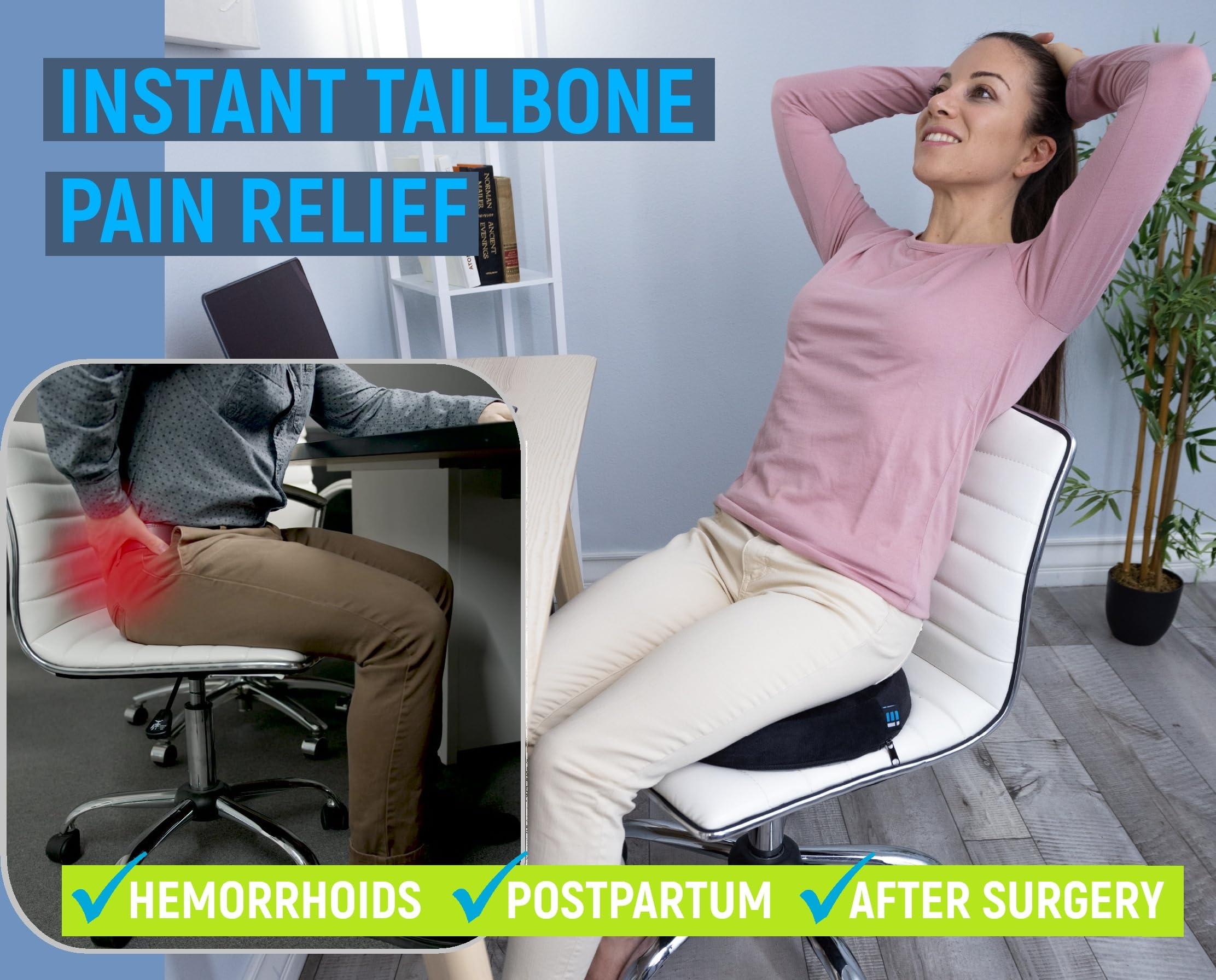 Ergonomic Innovations Donut Pillow Coccyx Seat Cushion for Tailbone Pain Relief, Hemorrhoid Pillow, Post Surgery, Postpartum Pregnancy, Back, Hip Pain, Sitting Butt Doughnut Ring, Comfortably Supports 240 Lbs Men & Women