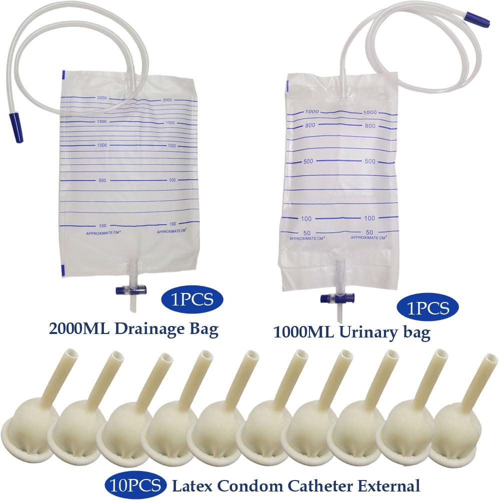 YEYSXSY Latex Condom Catheter External Self Sealing Set 10pcs Male Condom 1pcs 1000ml Urine Bag 1pcs 2000ml Drainage Bag(35mm/1.38inch)