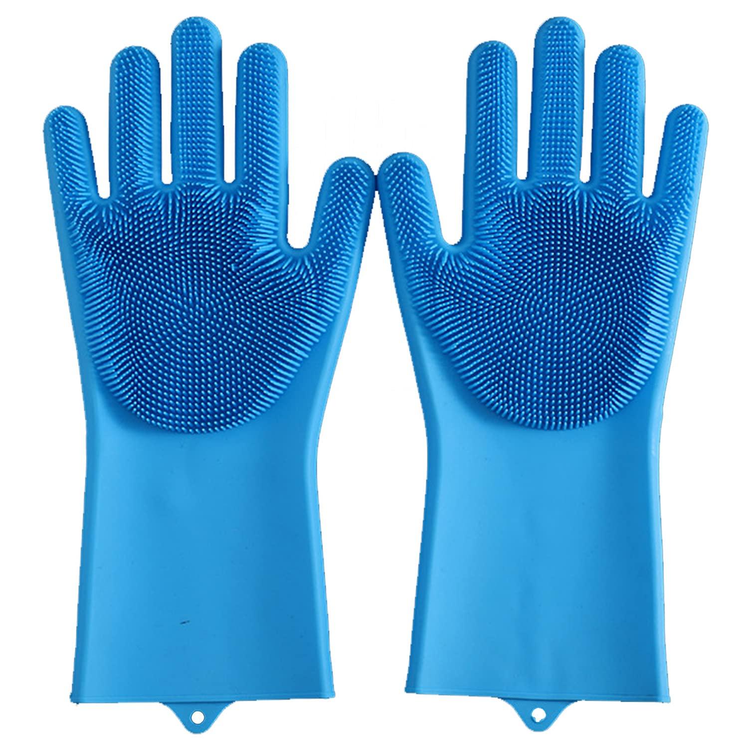 HealthyLifeUS HealthyLifeUS Silicone Dishwashing Gloves Reusable Non slip Heat Resistant for Kitchen Bathroom Car Wash Pet large 240g thick 1 Pair (Blue)