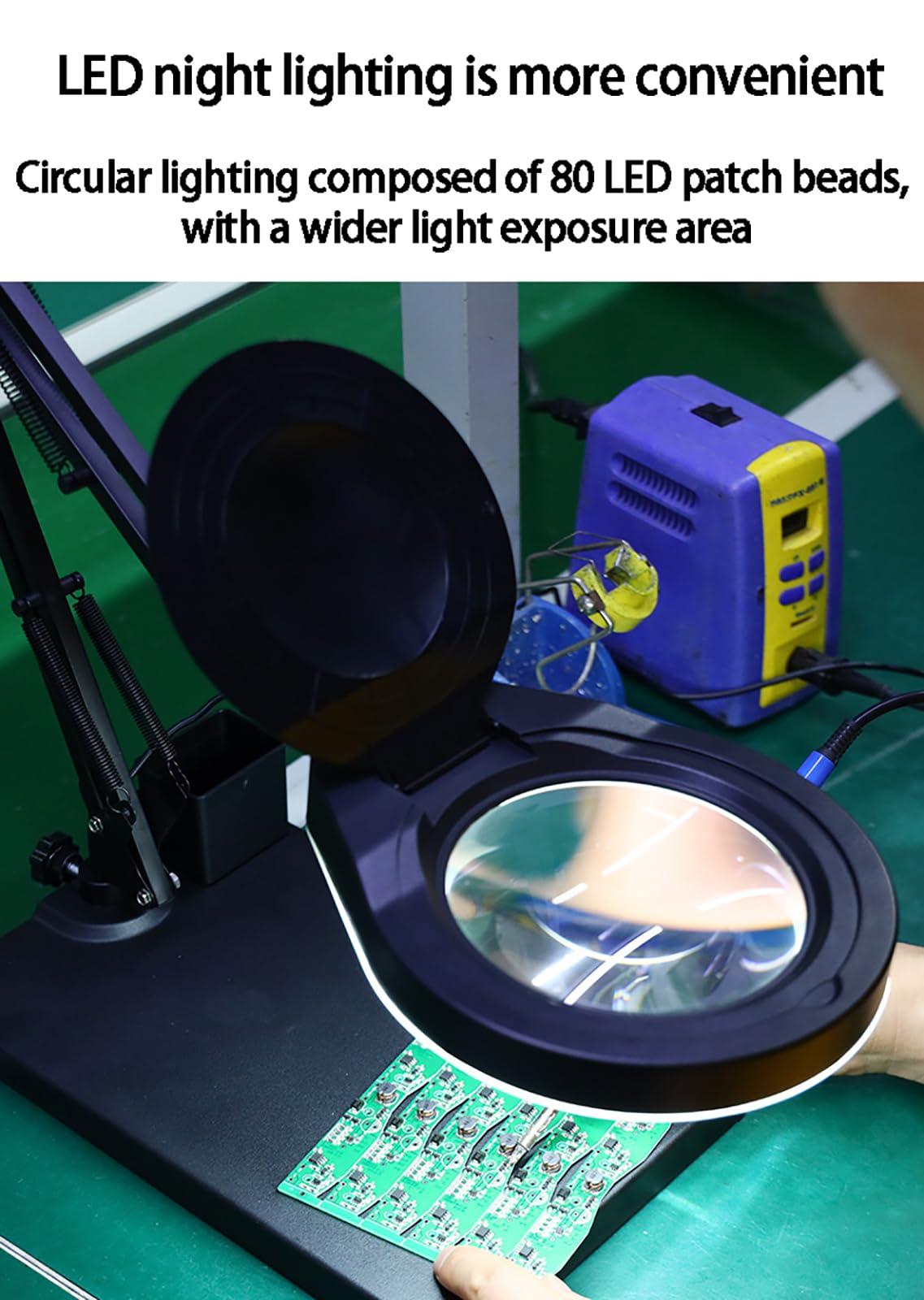 GLocKi Magnifying Glass with Light and Stand, 10X Magnifying Lamp, 5" Large Optical Glass Lens, Adjustable Swivel Arm Desk Magnifier for Hobby Reading