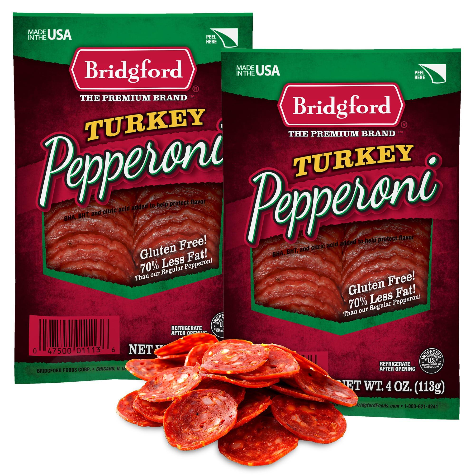 Bridgford Bridgford Sliced Turkey Pepperoni 4 oz Pack of 2 - Pepperoni Slices for Pizza and Sandwiches - Naturally Smoked Turkey Pepperoni for Low-Carb Keto Diets - Healthy Pepperoni Alternative for Snacking