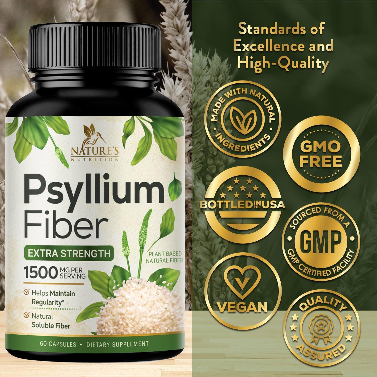 Nature's Nutrition Psyllium Husk Capsules 1500mg, Natural Daily Soluble & Insoluble Fiber, Psyllium Husk Powder Fiber Caps Supports Digestion Colon Health & Regularity, Non-GMO Gluten Free Supplement - 60 Veg Capsules