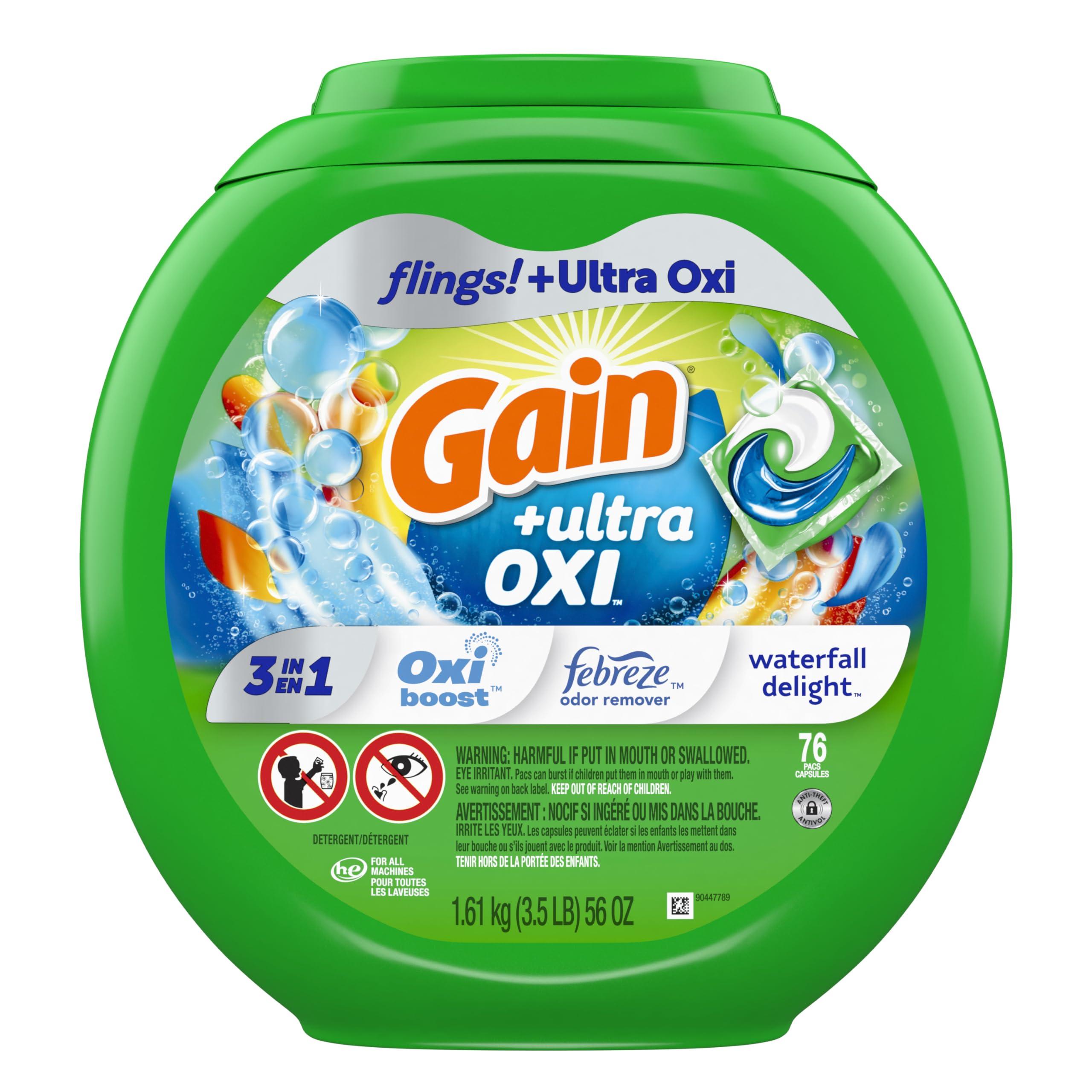 Gain Gain flings Ultra Oxi Laundry Detergent Pacs 3-in-1 HE Compatible, Waterfall Delight Scent, 76 Count