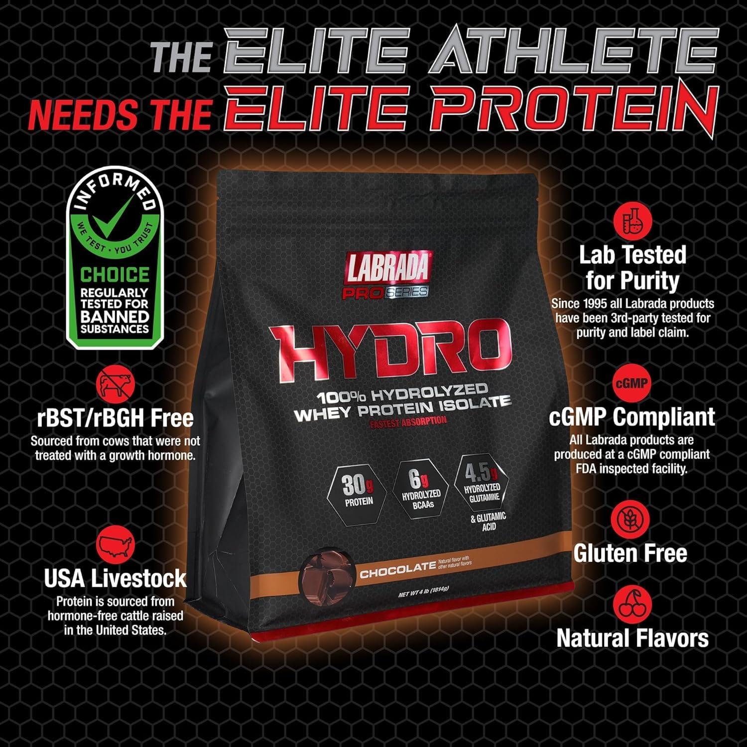 Labrada Labrada Hydro 100% Pure Hydrolyzed Whey Protein Isolate Powder, Lactose Free, Glutamine, Fastest Digesting Whey Available, Instant Mixing, Delicious Taste 47 Servings 4lb (Chocolate)
